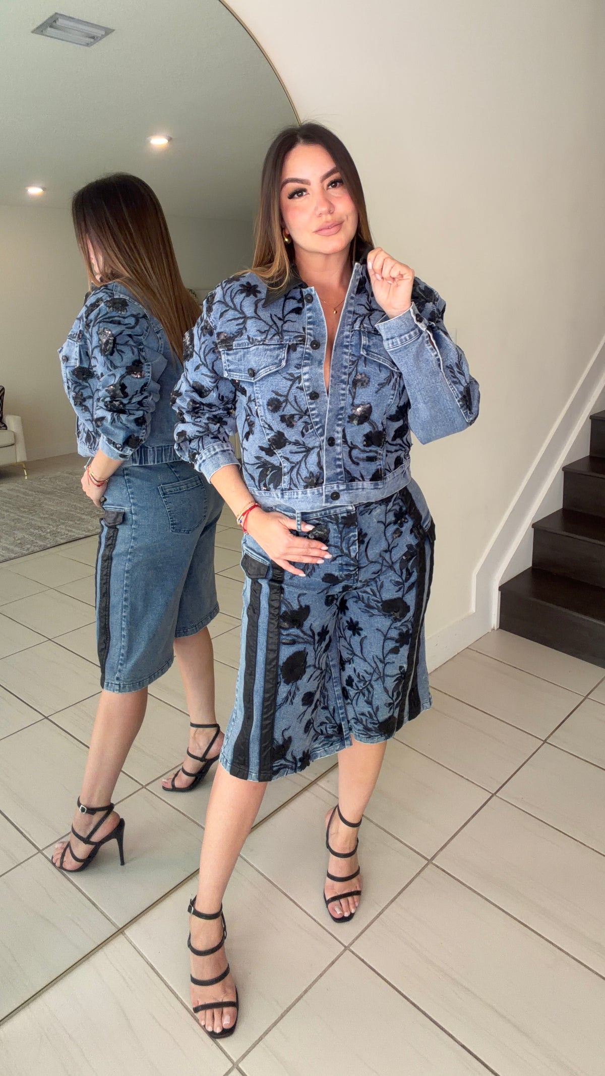 Midnight Bloom Denim Shorts Set