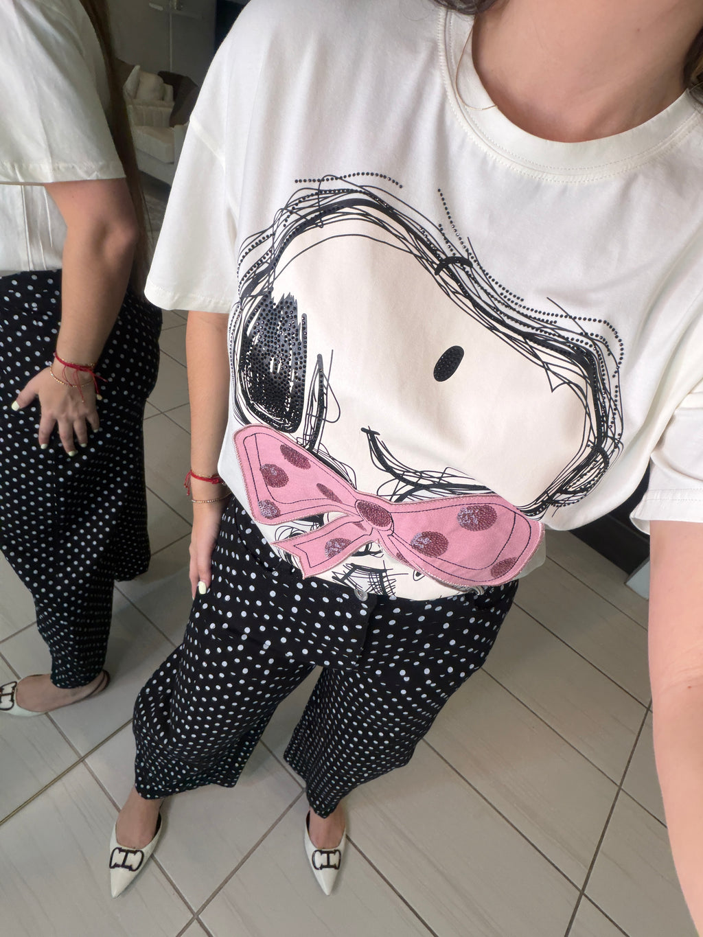 Pink Dots Bow Beige Tshirt