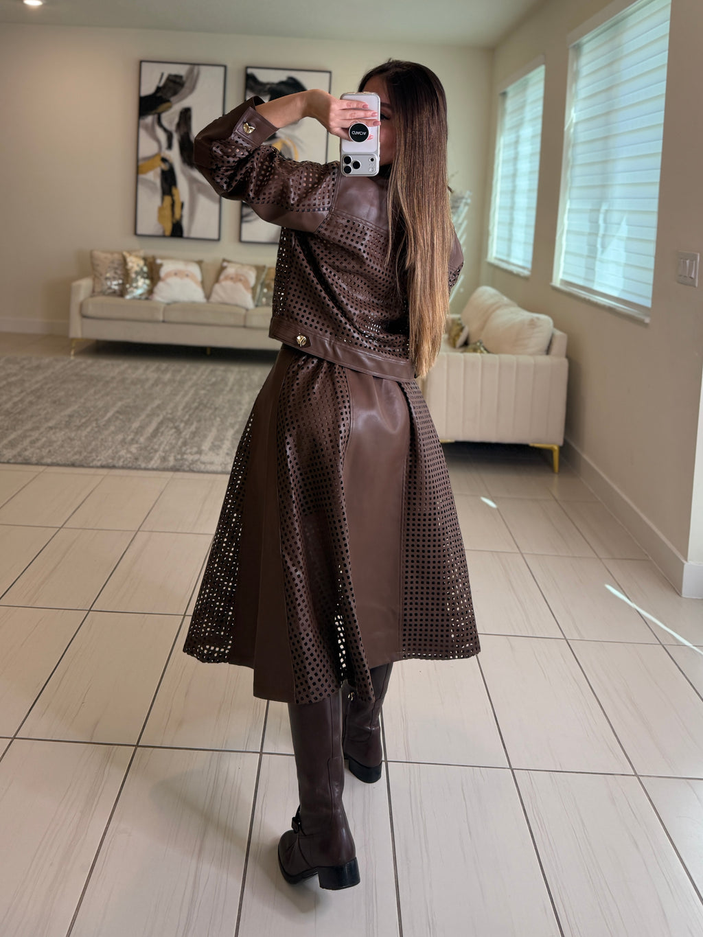 Luxe Faux Leather Brown Skirt Set