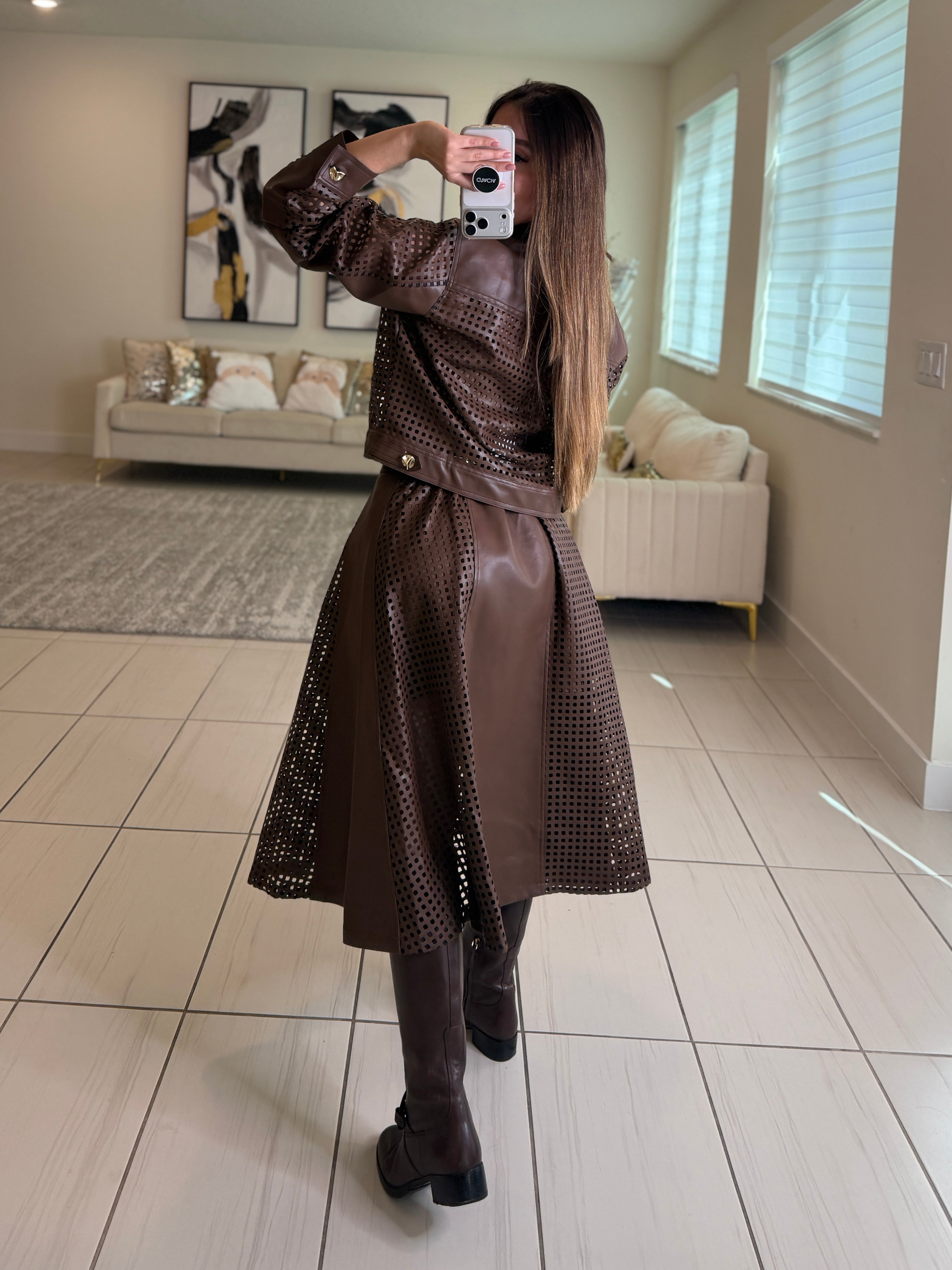 Luxe Faux Leather Brown Skirt Set