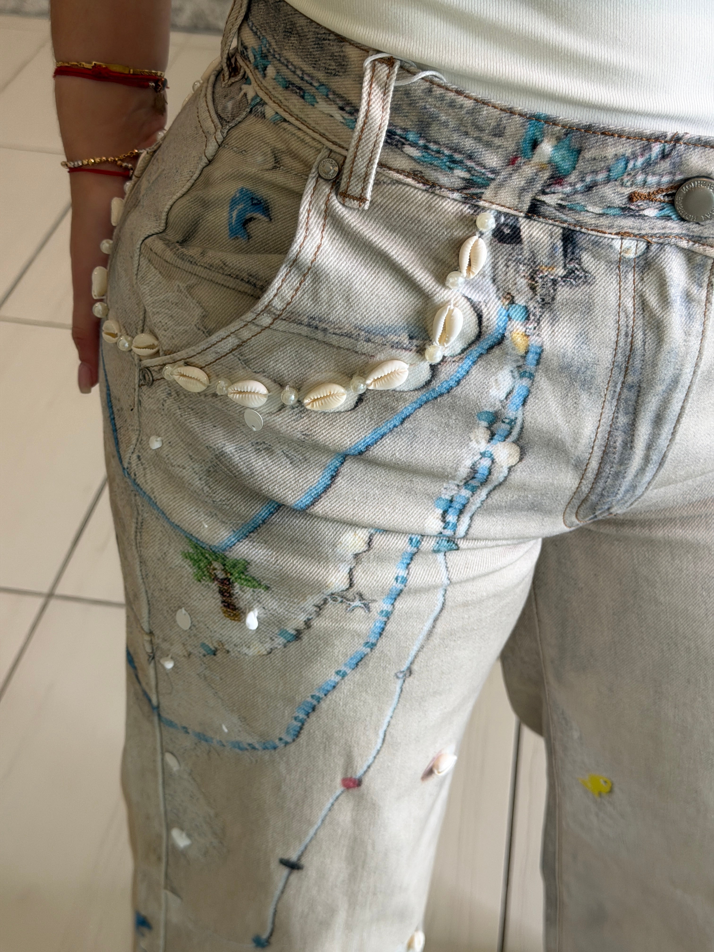 Glam Seashells Beige Denim Pants