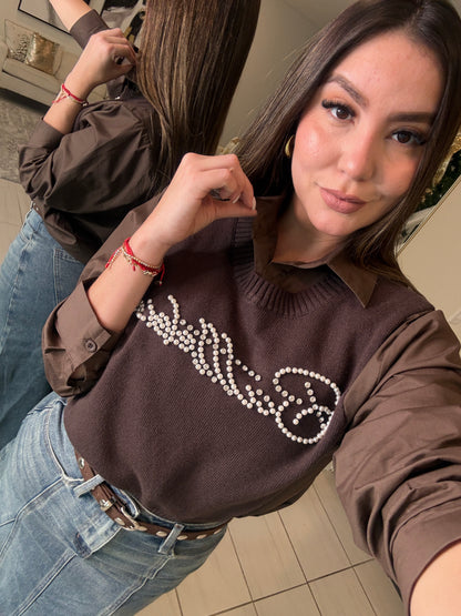 Parisian Stroll Brown Long-Sleeved Top