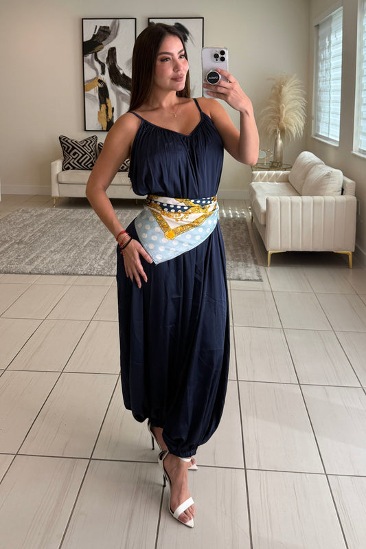 Effortless Essence Ruched Navy Blue Jumpsuit