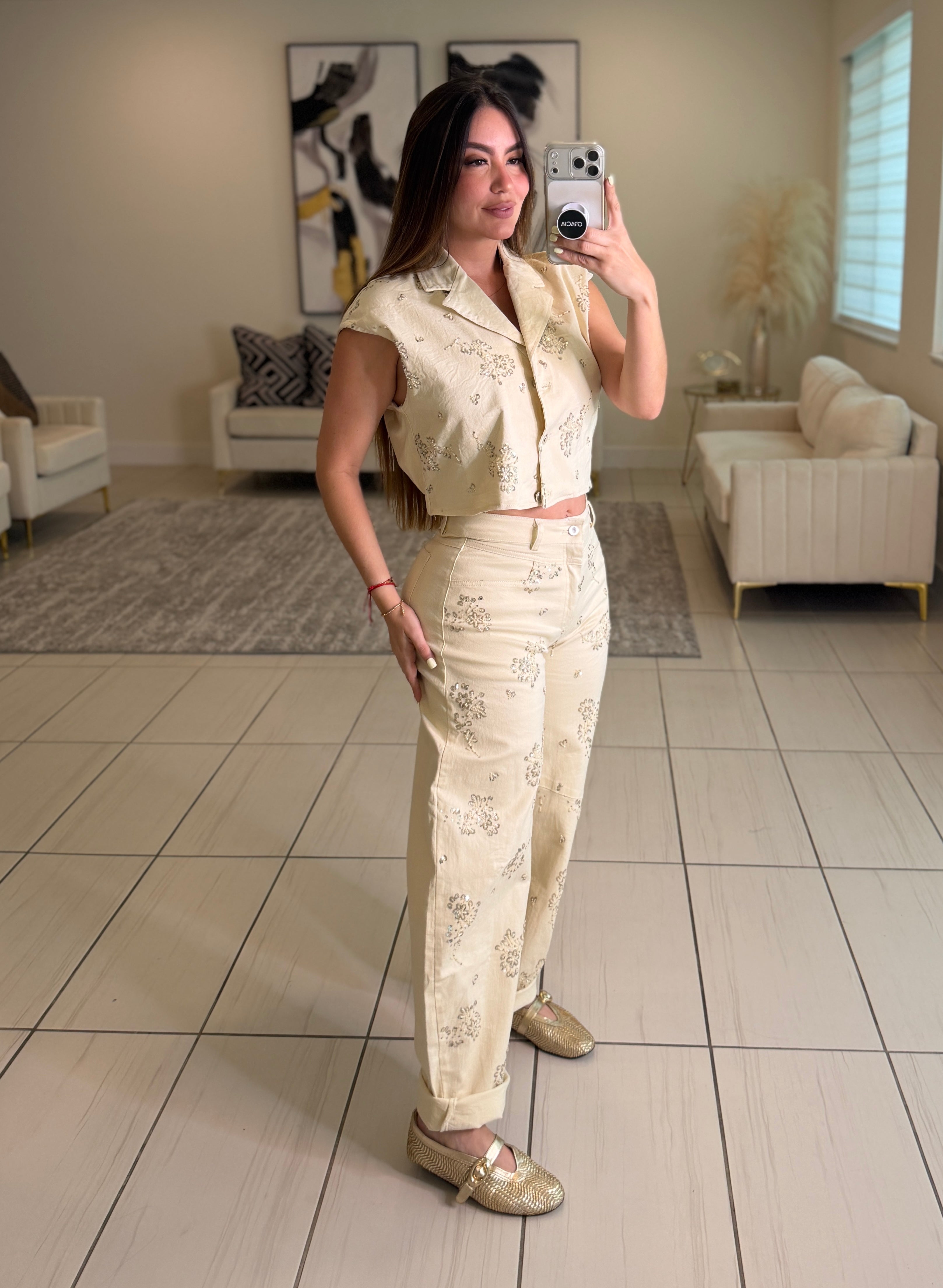 Blossom Sequin Beige Pant Set
