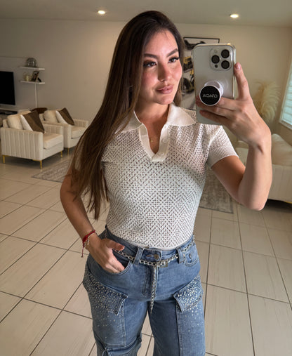 Shine Effect Knit White Top