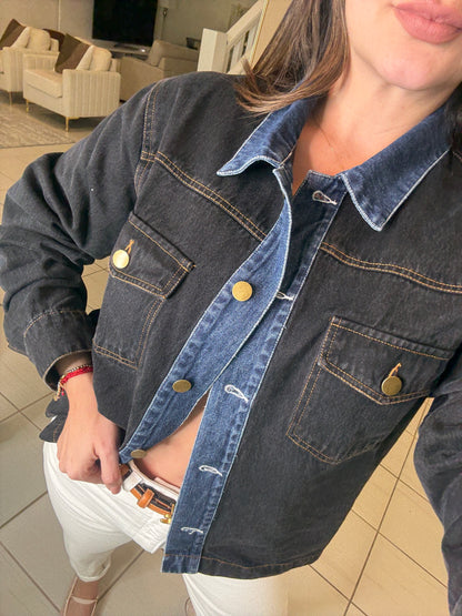 Iconic Contrast Black and Blue Denim Jacket
