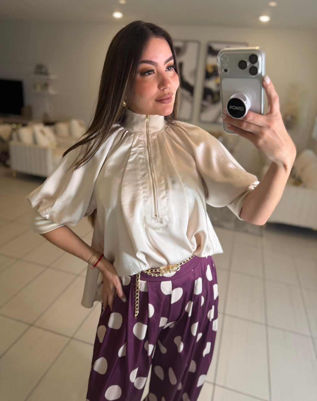 Mock Nek Band Puff Beige Top
