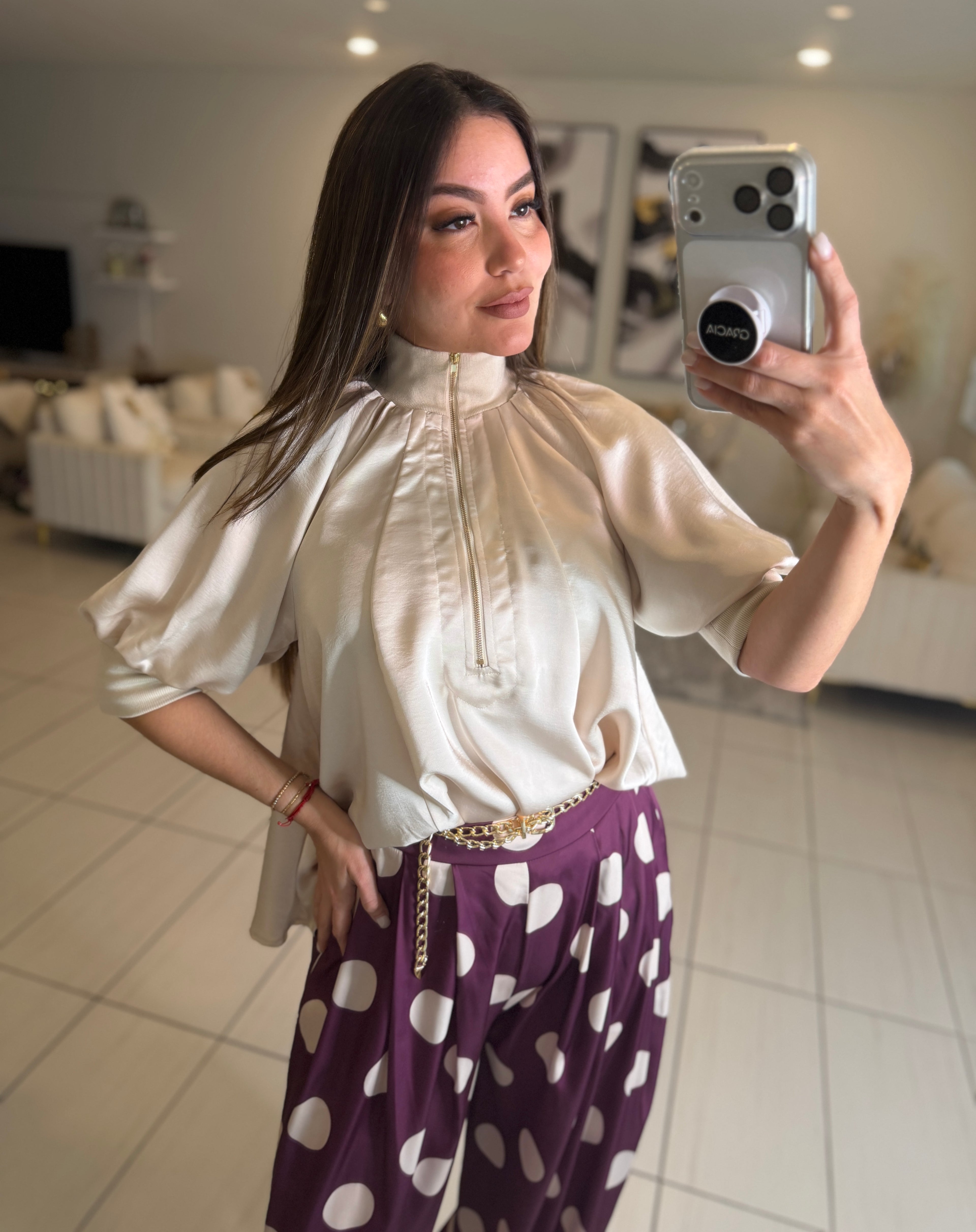 Mock Nek Band Puff Beige Top