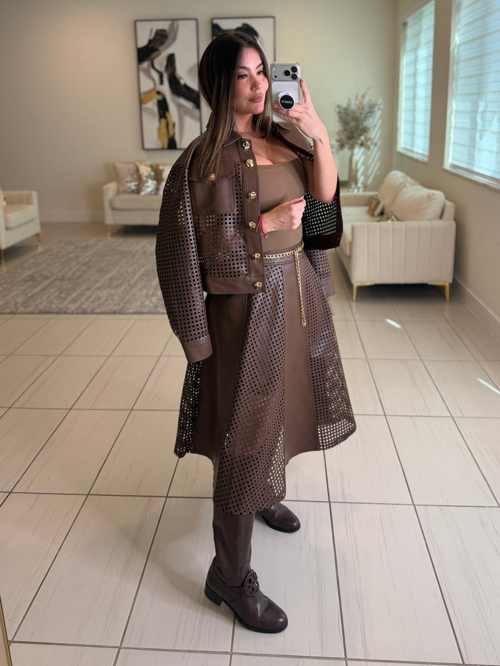 Luxe Faux Leather Brown Skirt Set