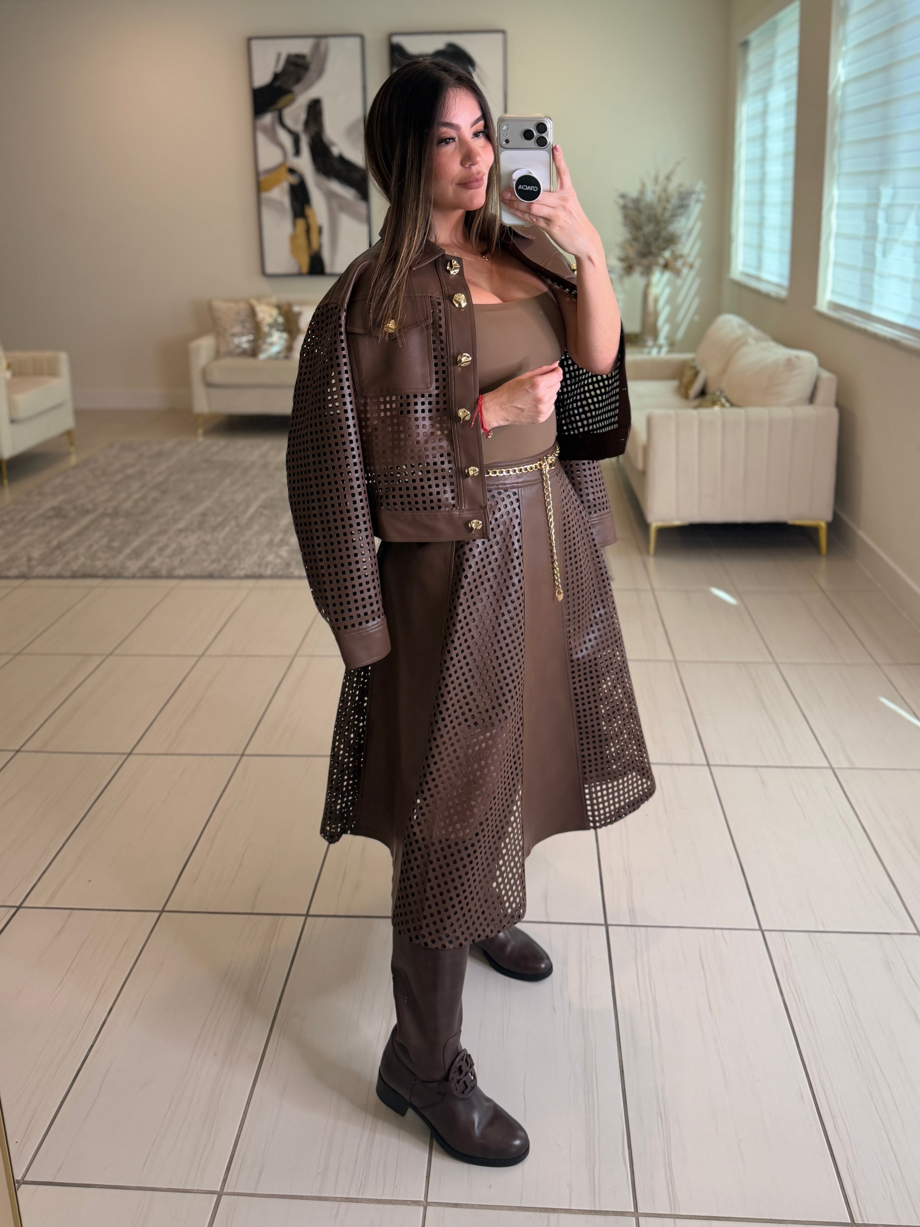 Luxe Faux Leather Brown Skirt Set