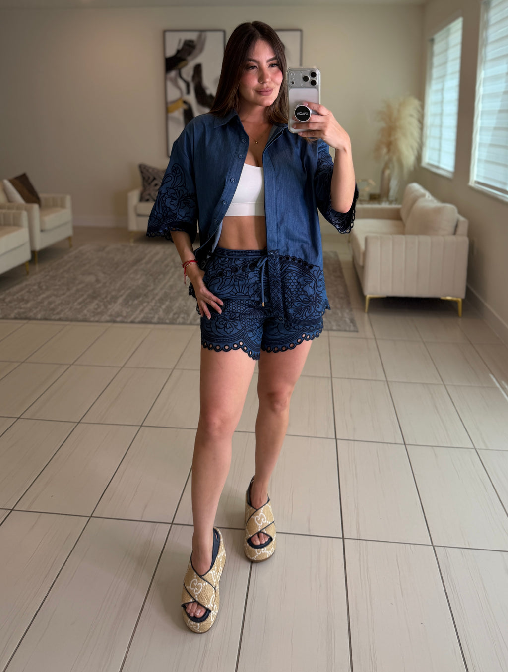 Paradise Embroidered Denim Short Set