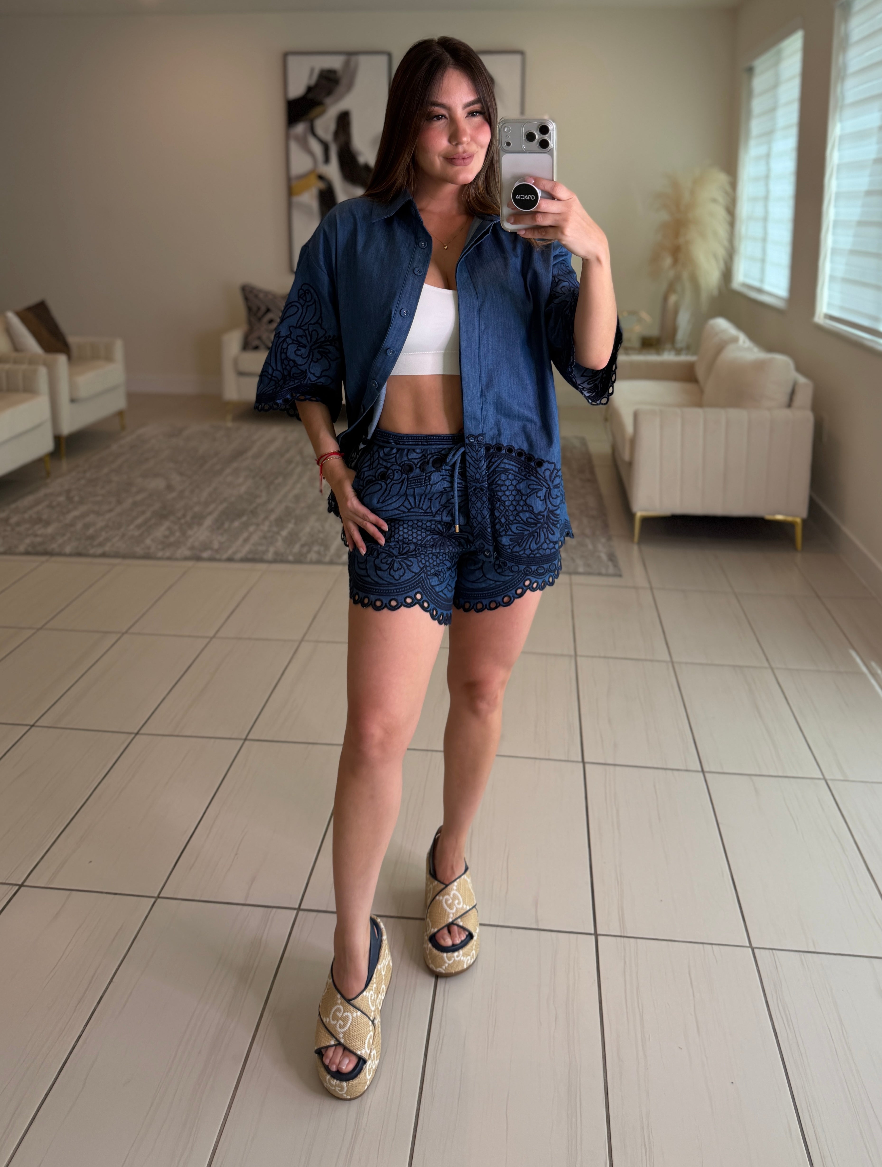 Paradise Embroidered Denim Short Set