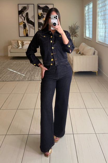 Luxe Gold Button Denim Pant Set