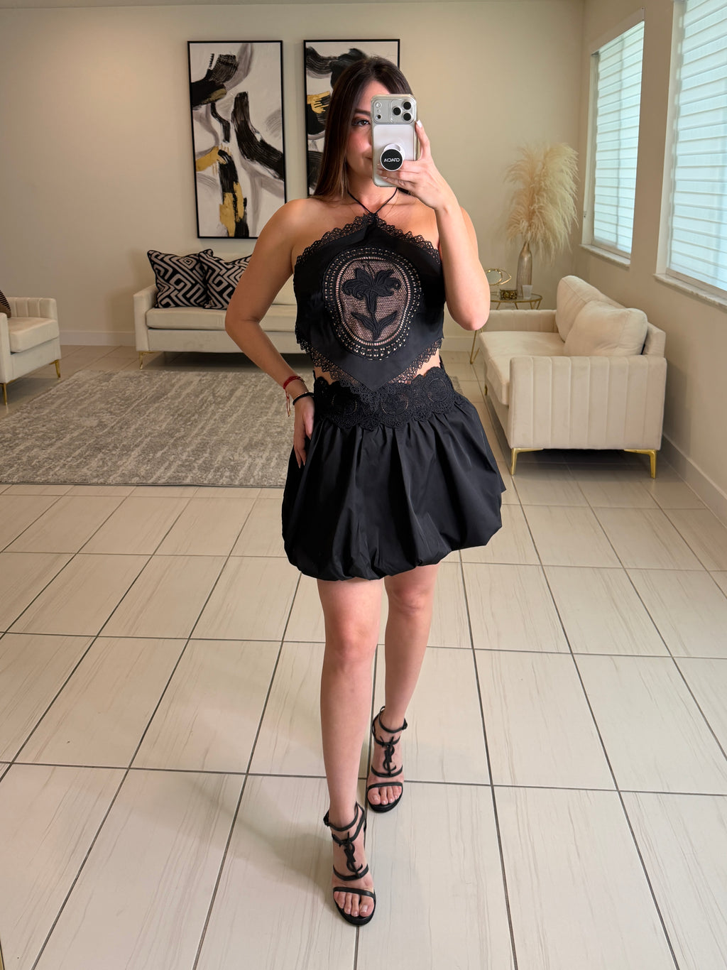 Blossom Crochet Black Balloon Skirt Set