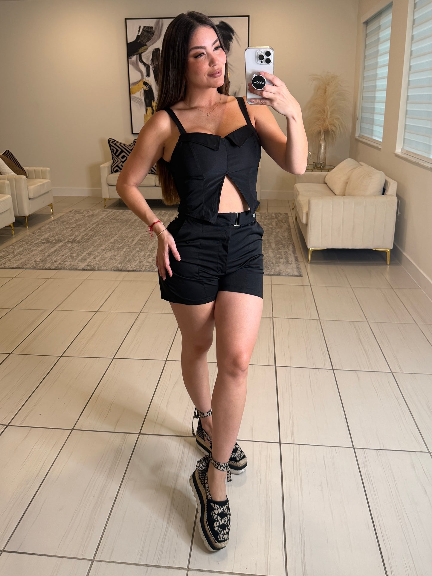 Power Poise Belted Black Short Set