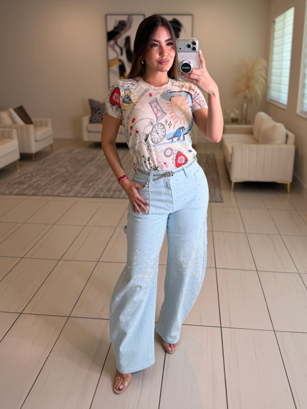 Cool Beige Mesh Printed Top