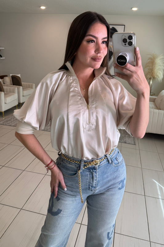 Mock Nek Band Puff Beige Top