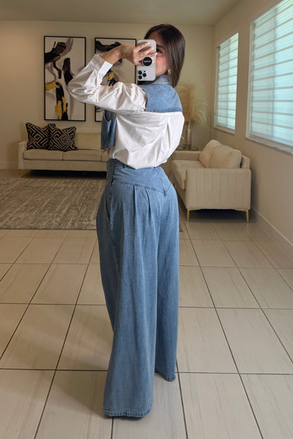 Pintuck Wide Leg Denim Pants