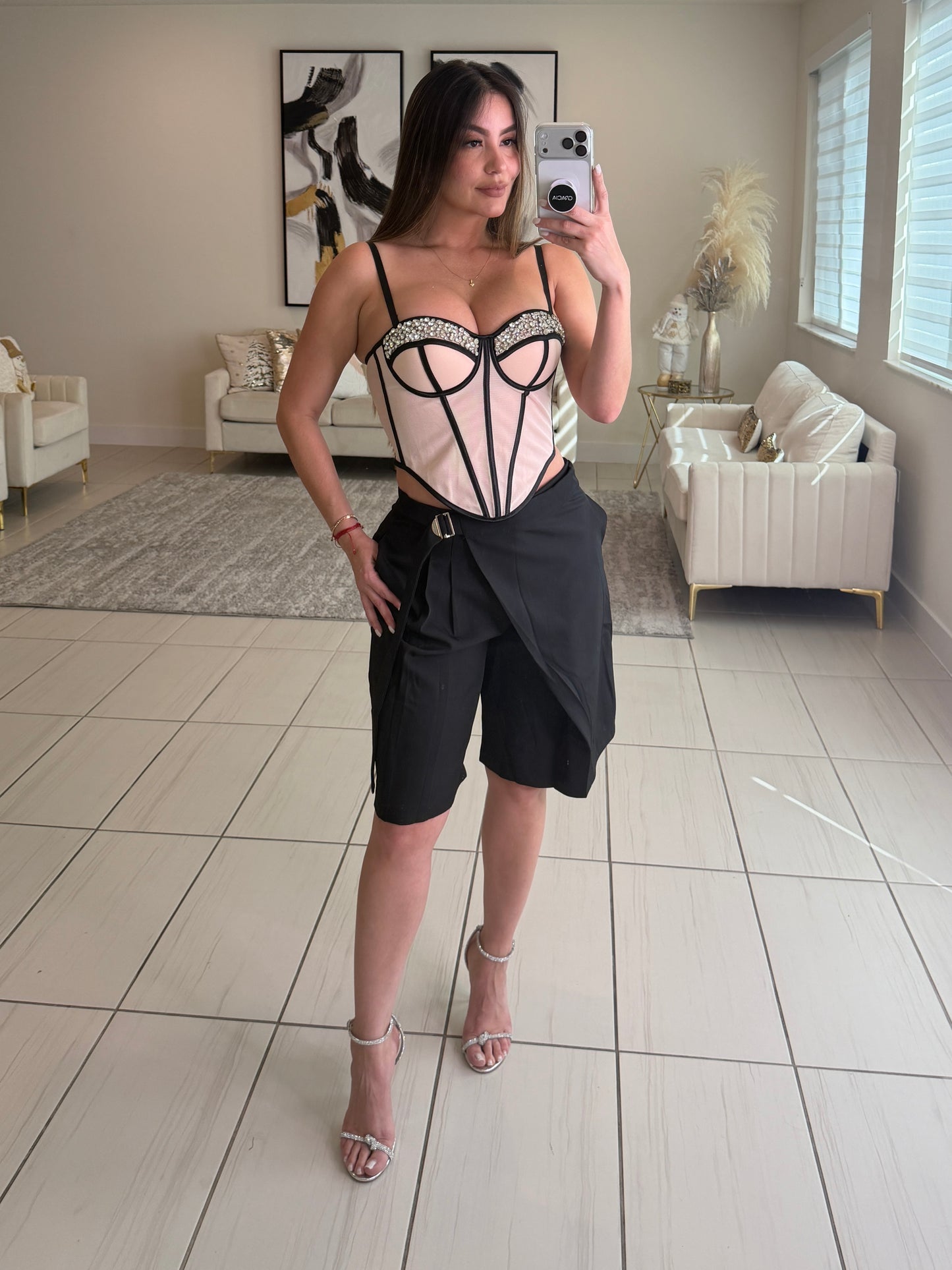 Luxe Rhinestone Beige and Black Corset Top