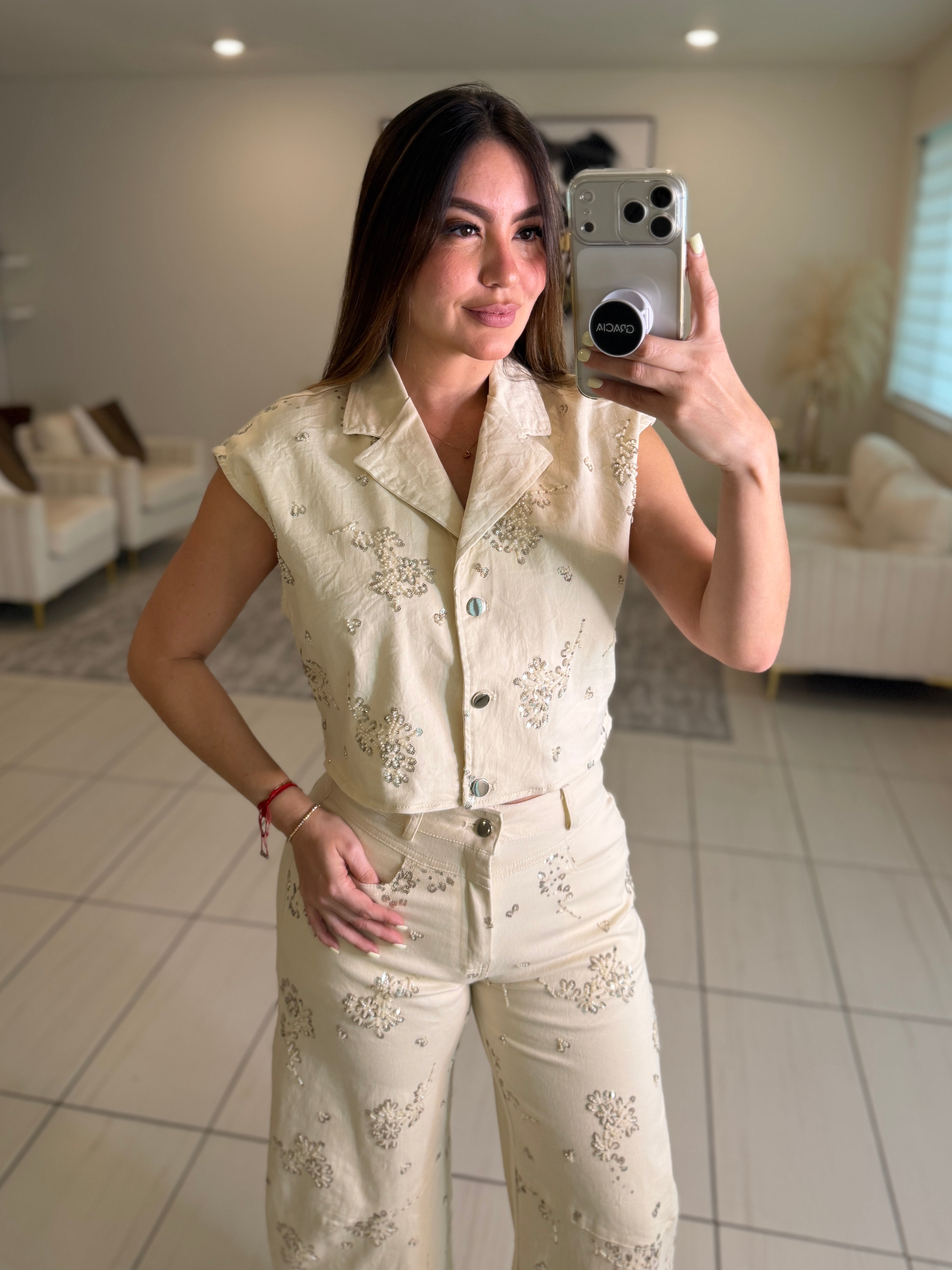 Blossom Sequin Beige Pant Set