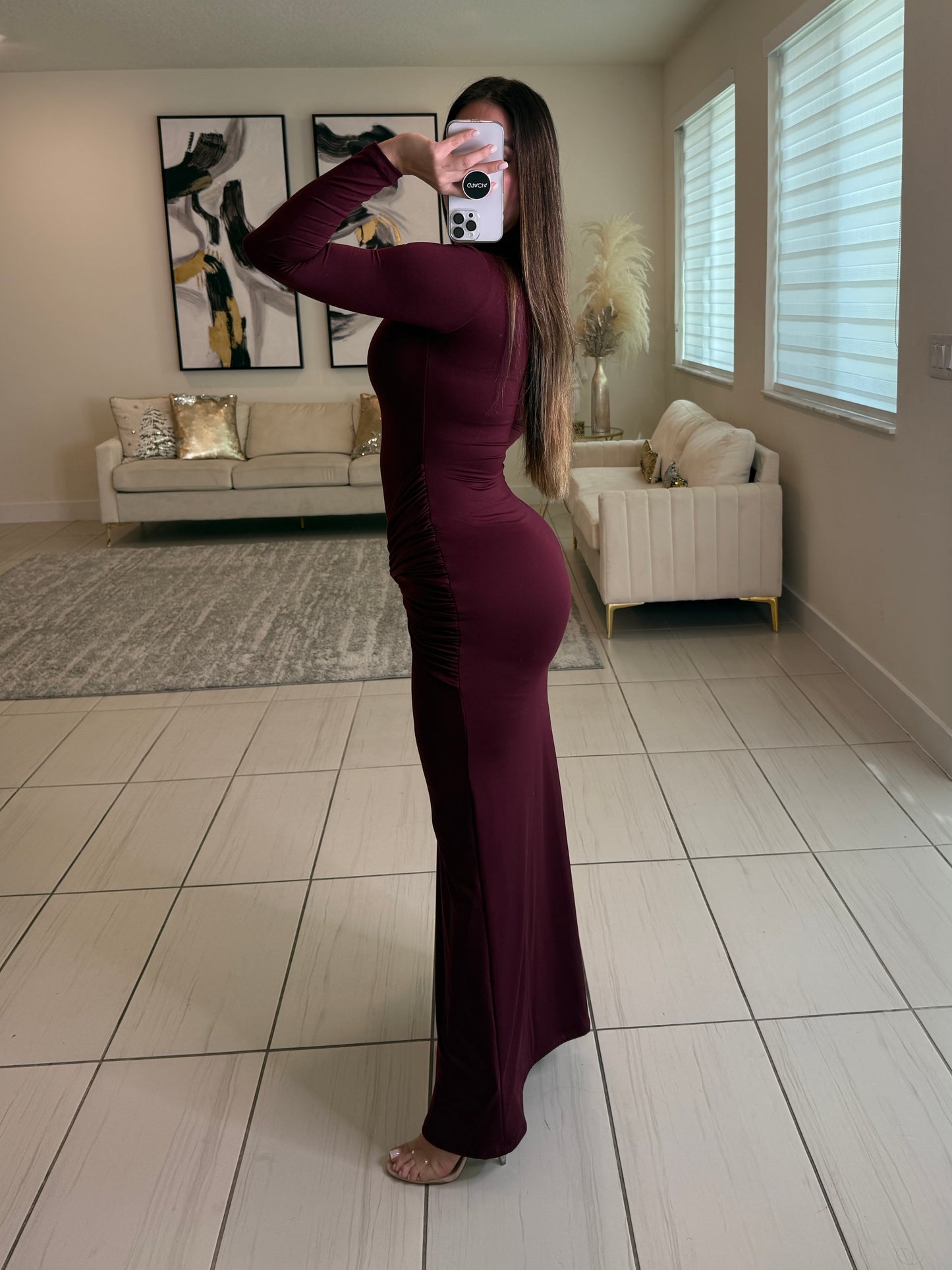 Midnight Ember Ruched Wine Maxi Dress