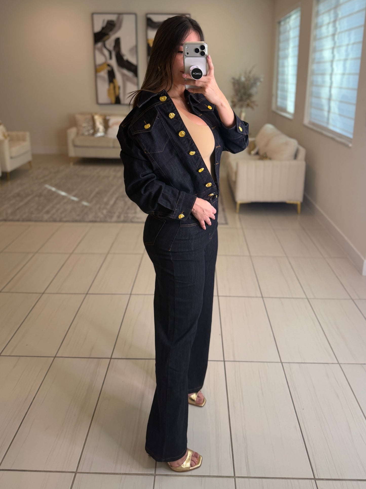 Luxe Gold Button Denim Pant Set