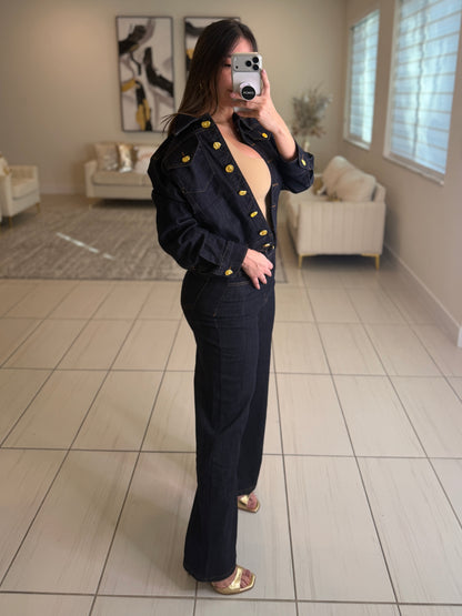 Luxe Gold Button Denim Pant Set