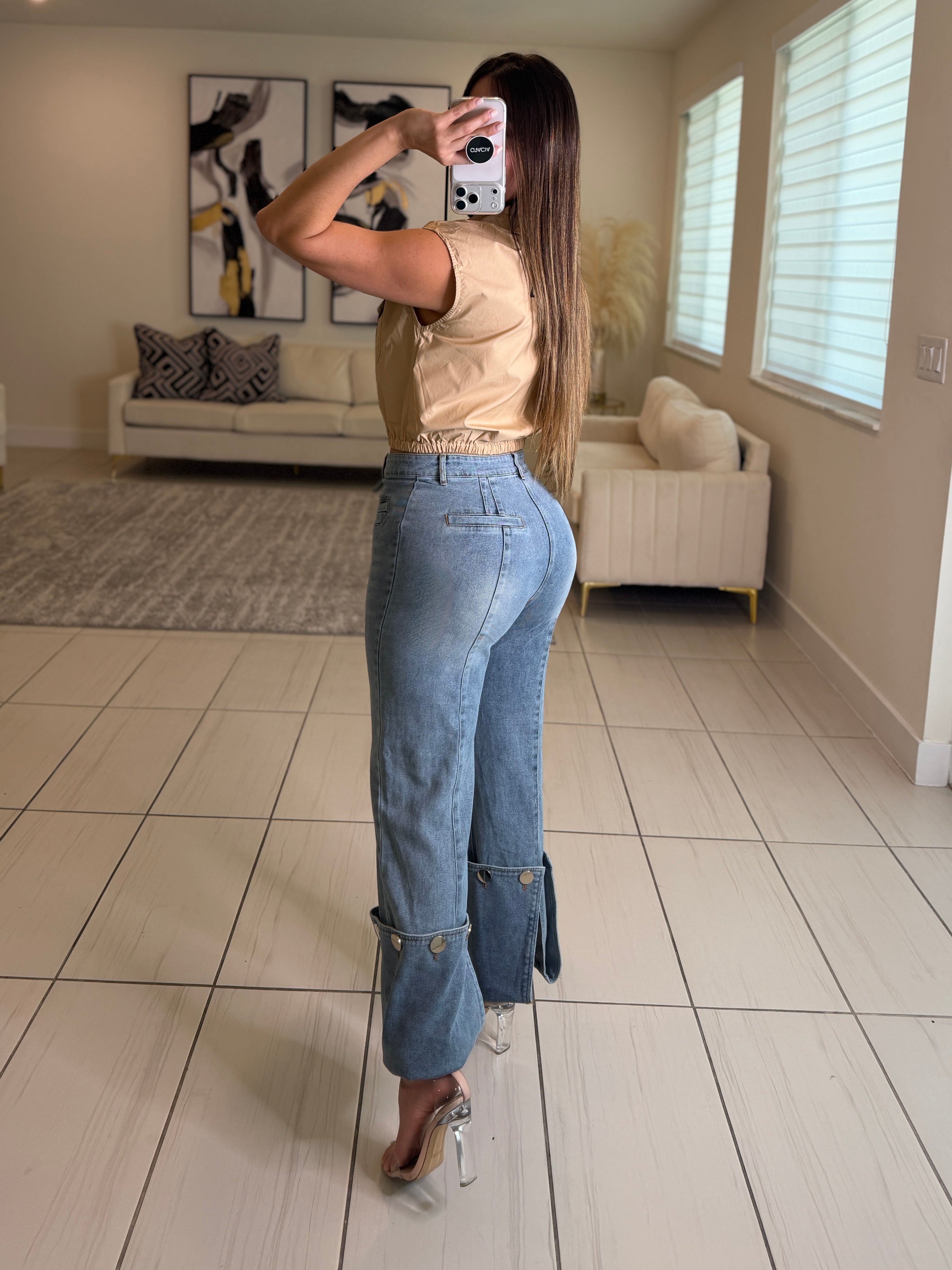 Stunning Silver Buttons Denim Pants