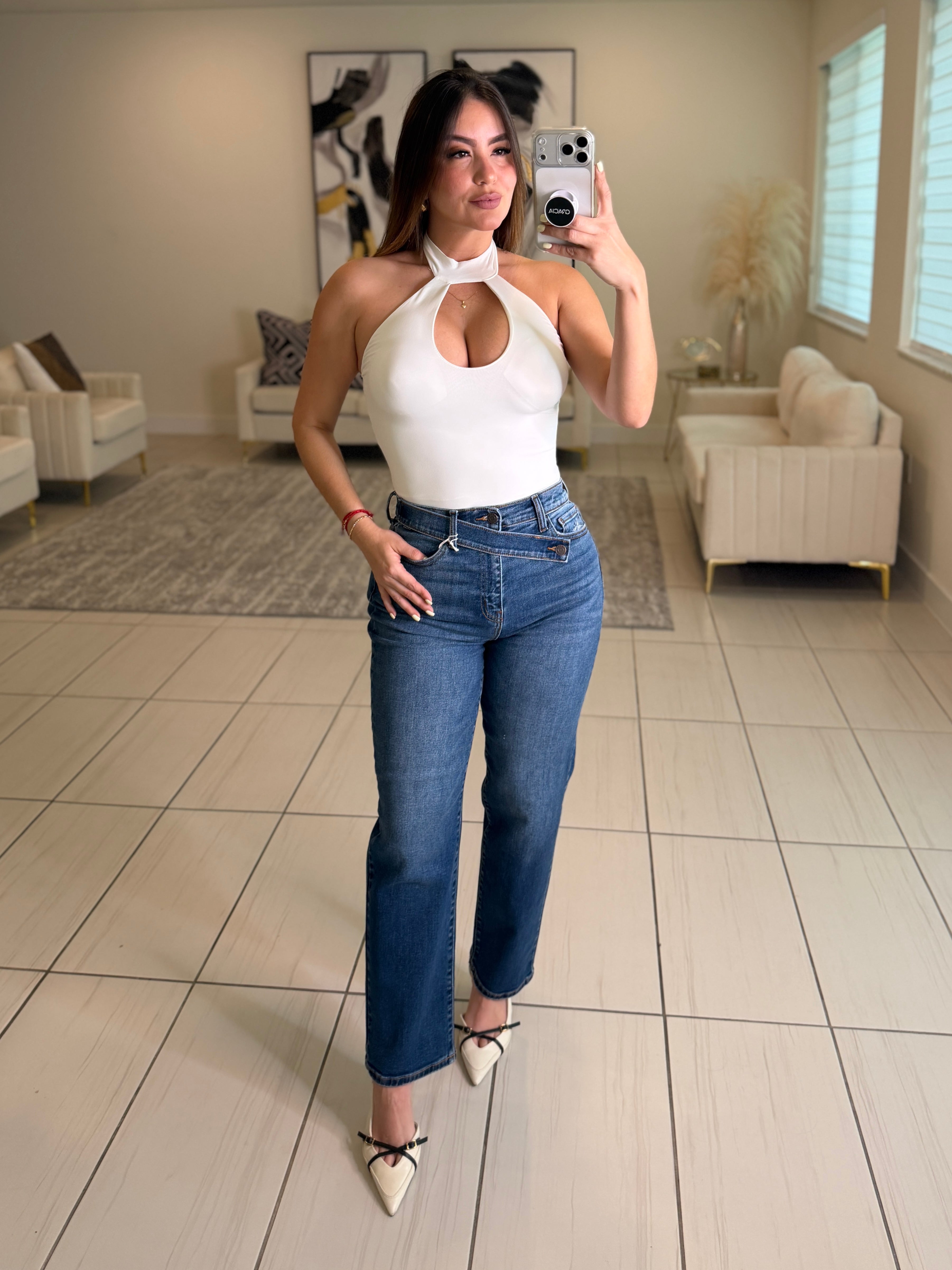 Cross Belt Straight Denim Pants