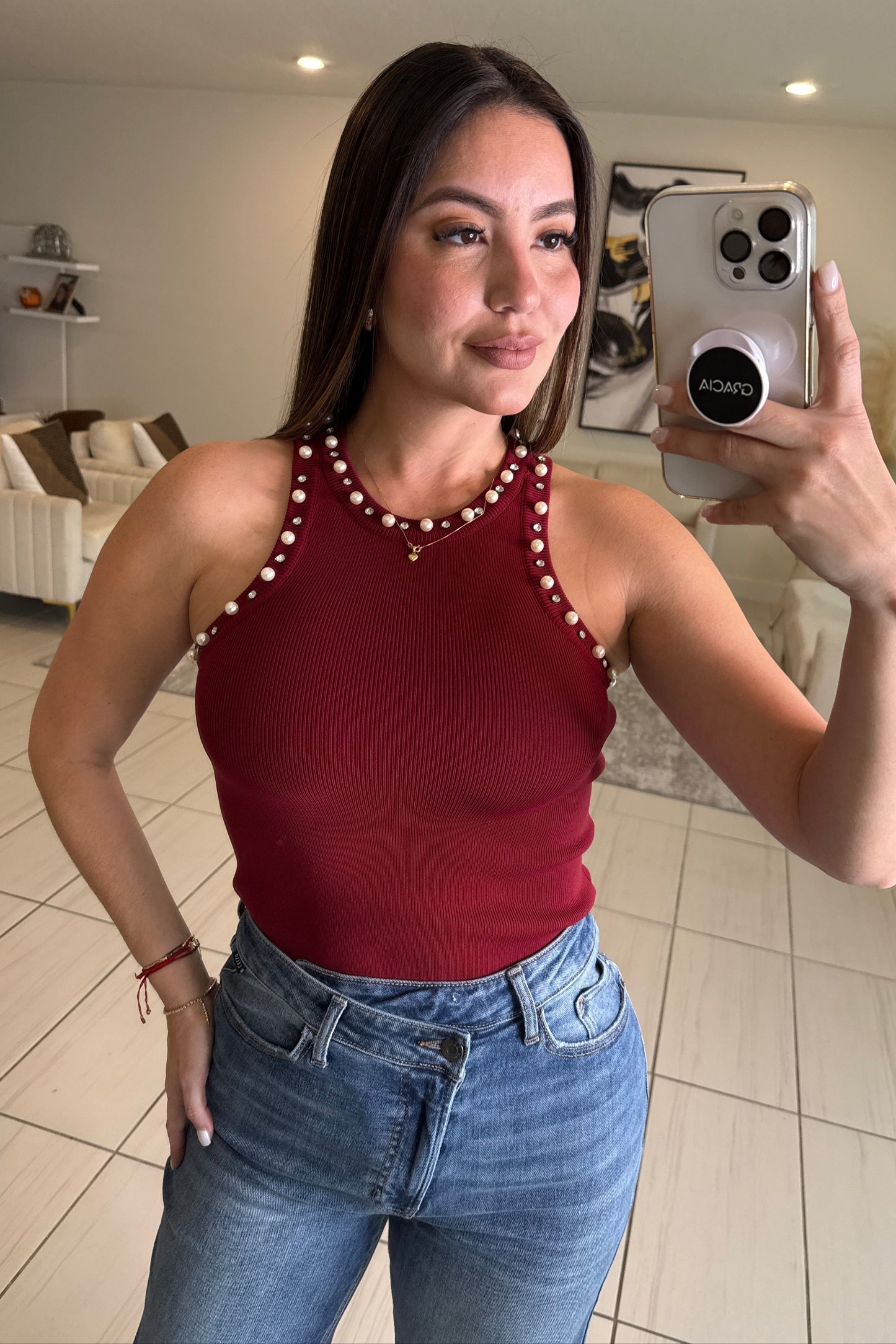 Prestige Pearls Red Wine Tank Top