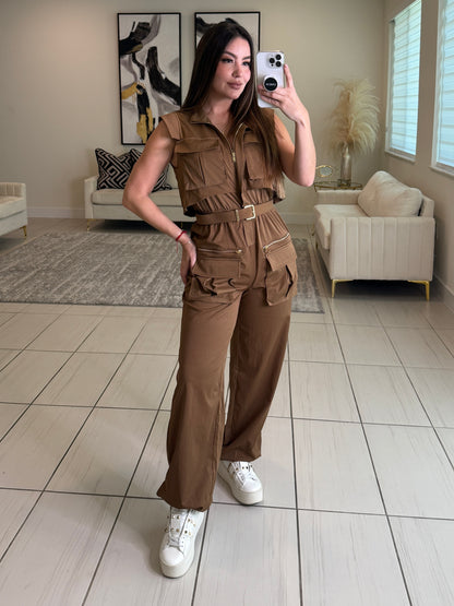 Forgive The Night Ruched Brown Jumpsuit