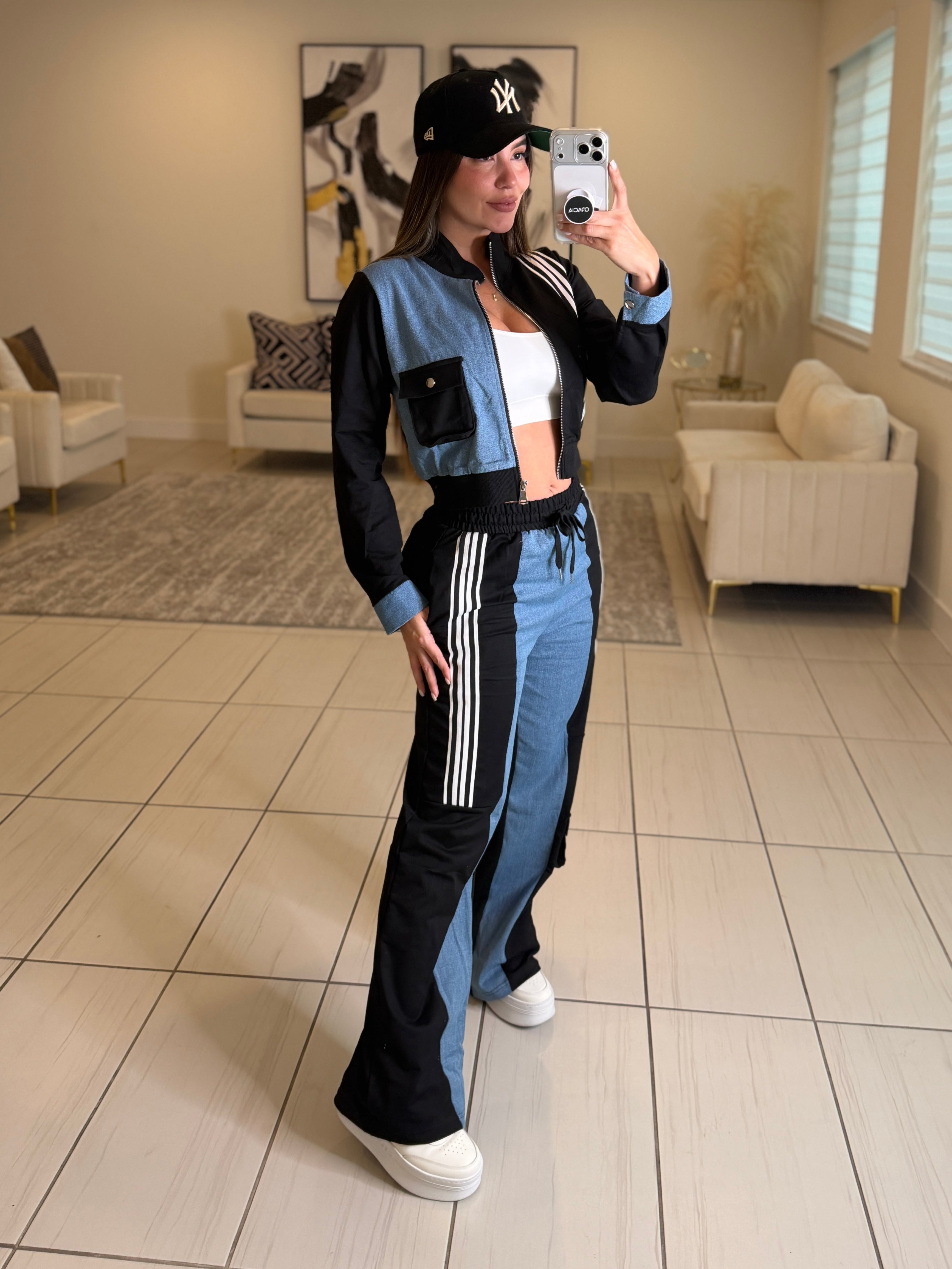 Divine Black and Denim Contrast Pant Set