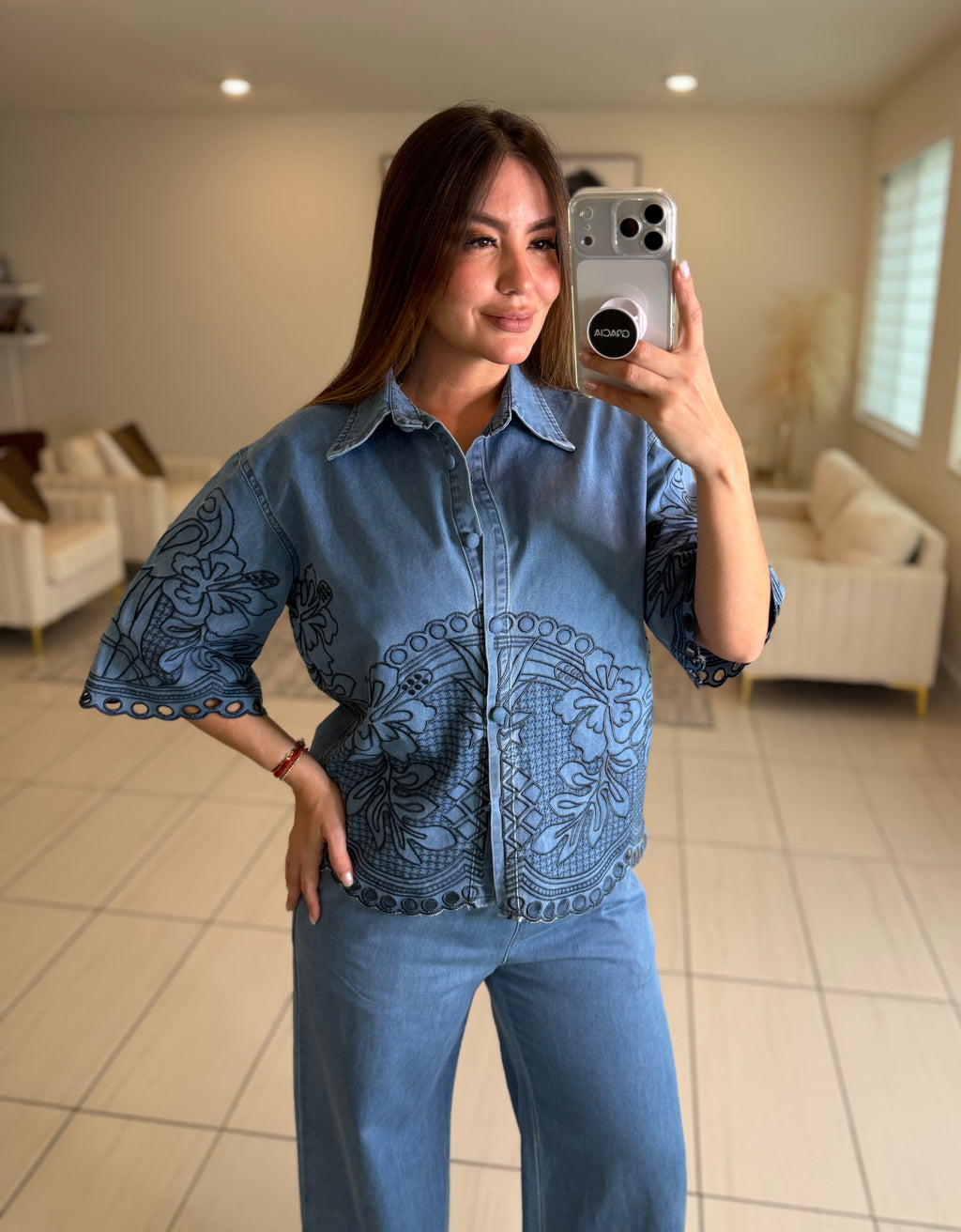 Paradise Embroidered Denim Pant Set