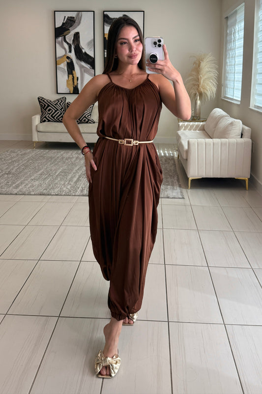 Effortless Essence Ruched Brown Jumpsuit