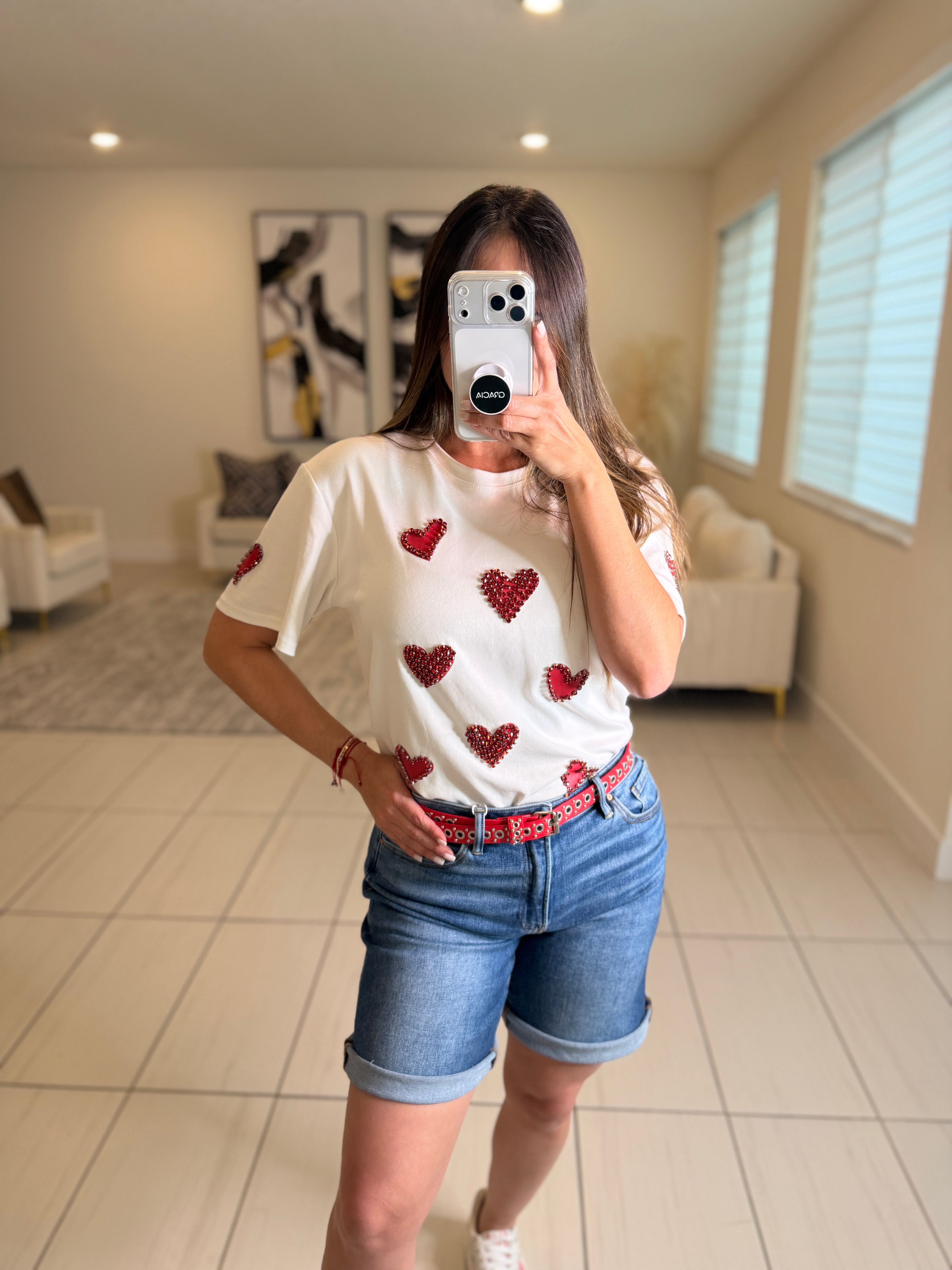 Rhinestones Hearts White Tshirt