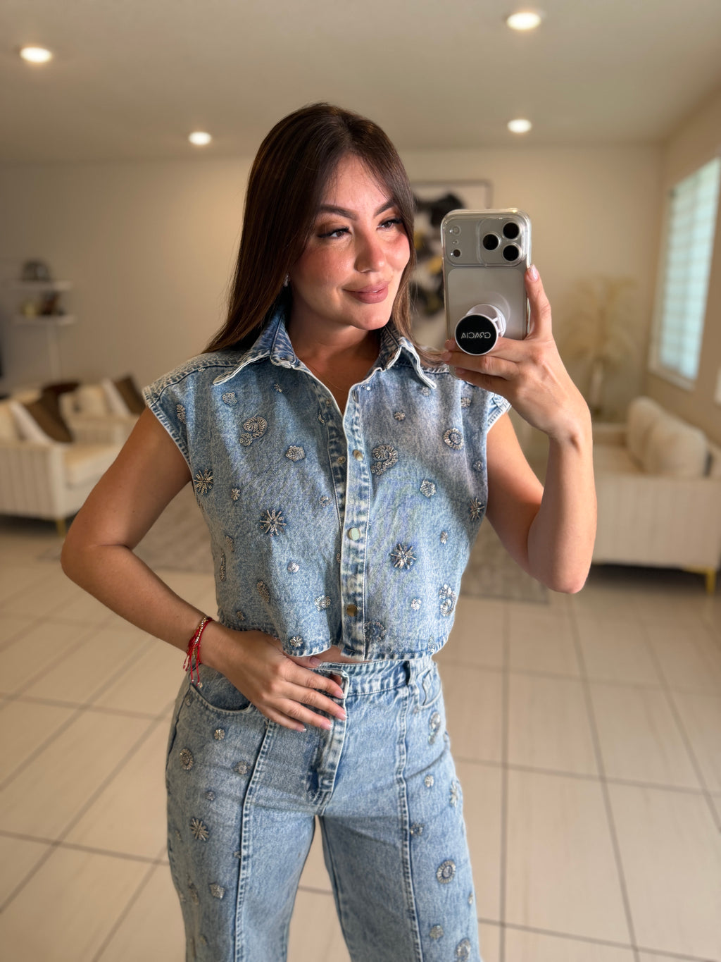 Perfect Silver Sequin Denim Pant Set