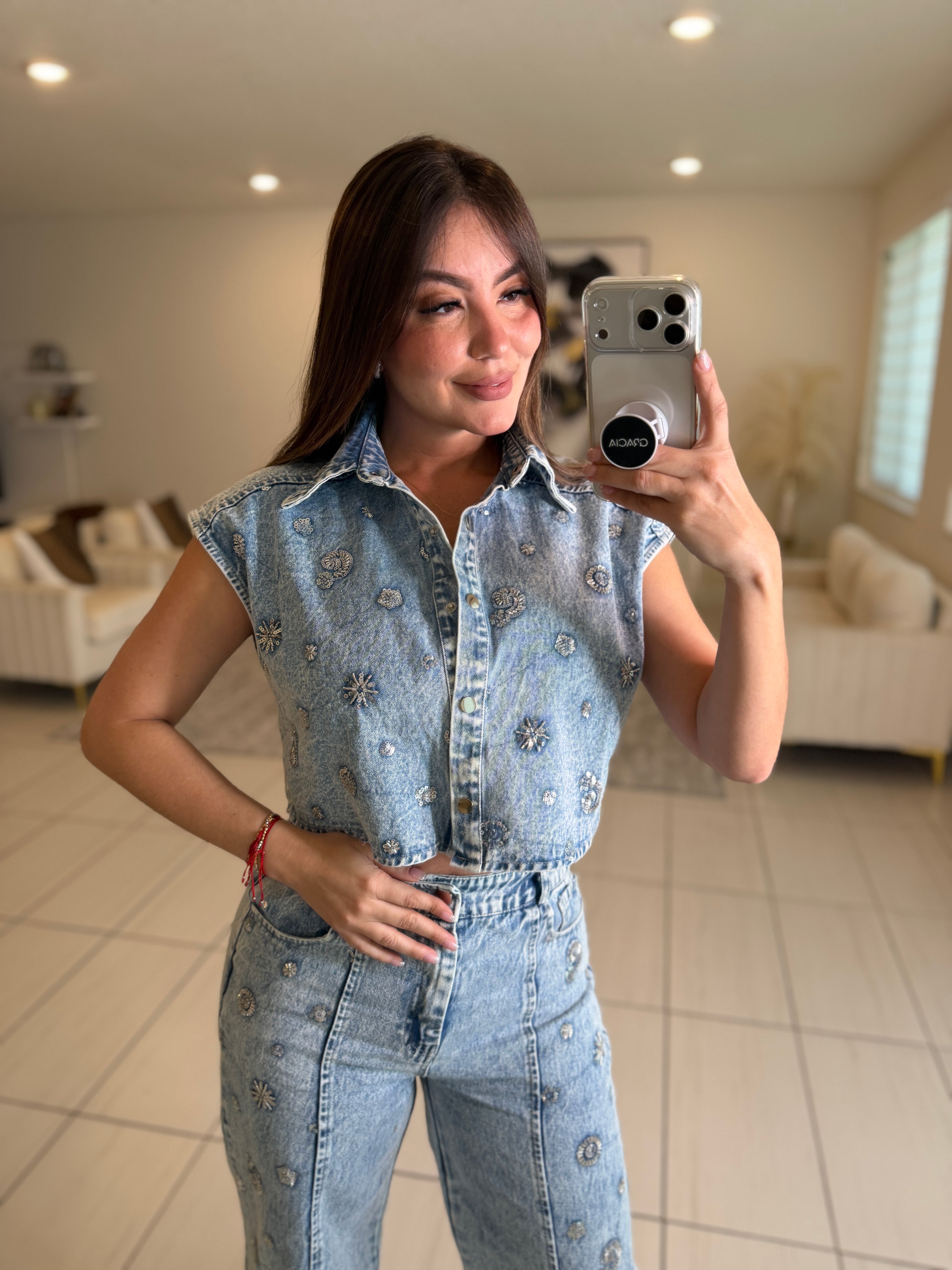 Perfect Silver Sequin Denim Pant Set