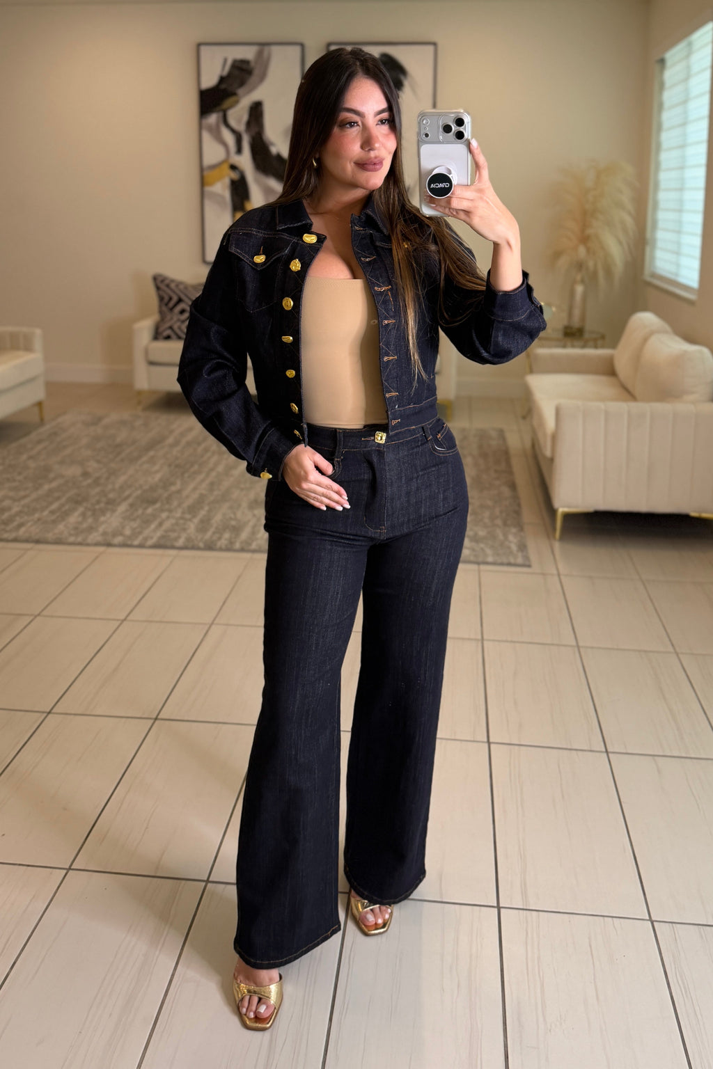 Luxe Gold Button Denim Pant Set