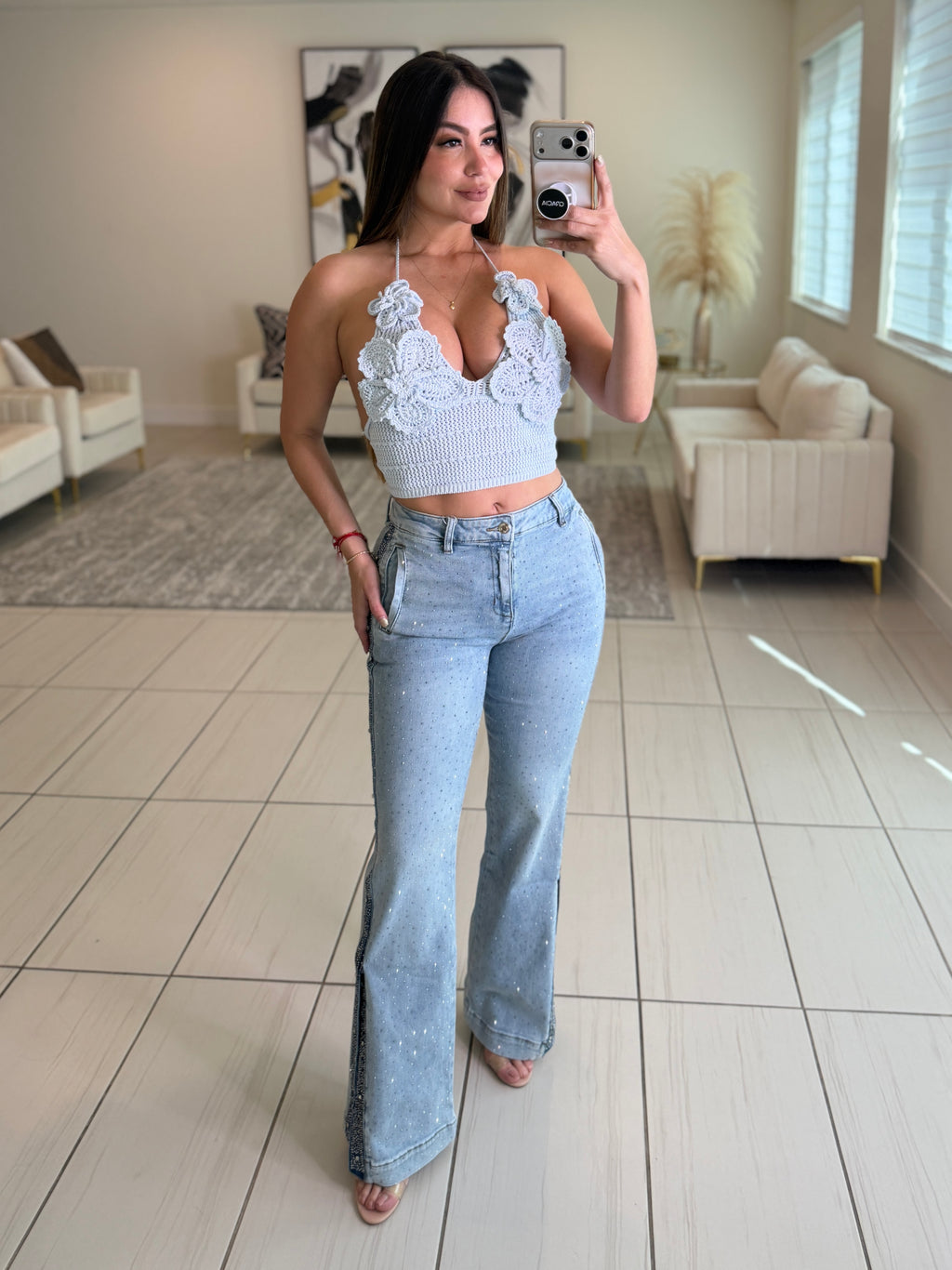 Petal Floral Crochet Blue Top