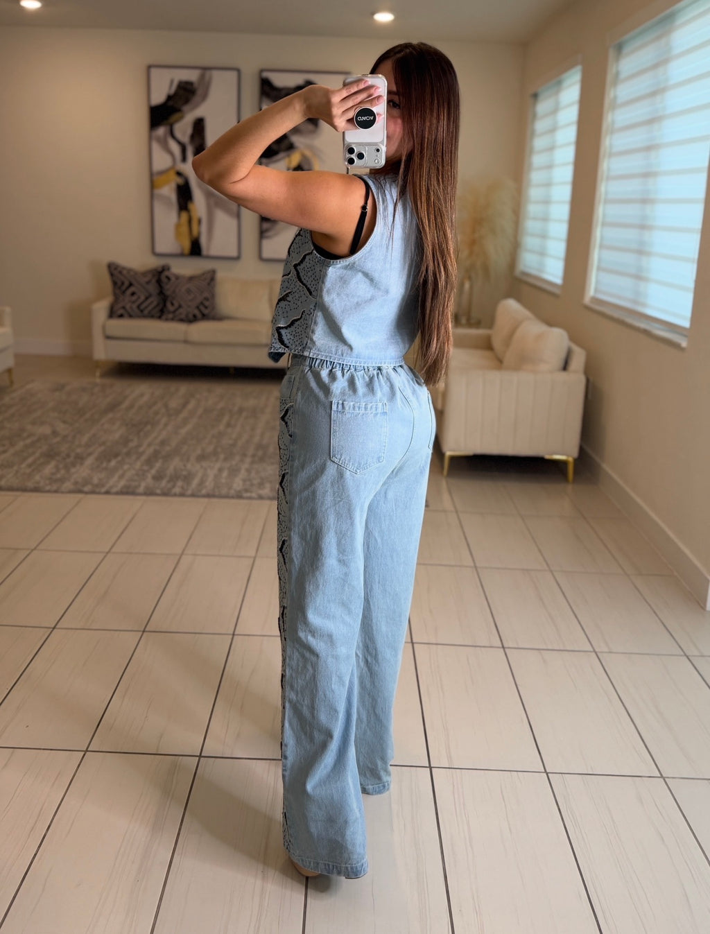 Perfect Sequin Details Denim Pant Set