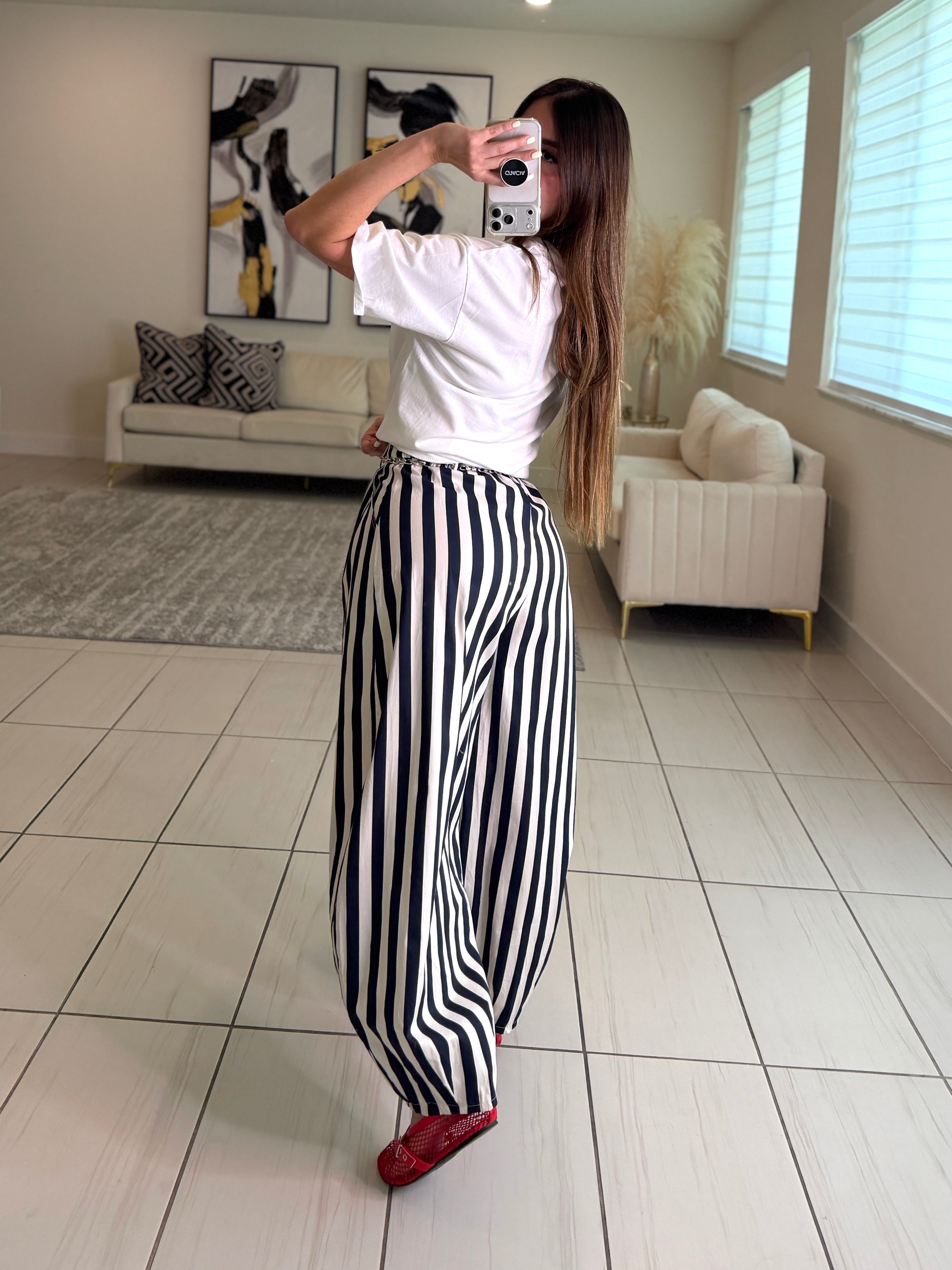 Italian Stripes Navy Blue Barrel Pants