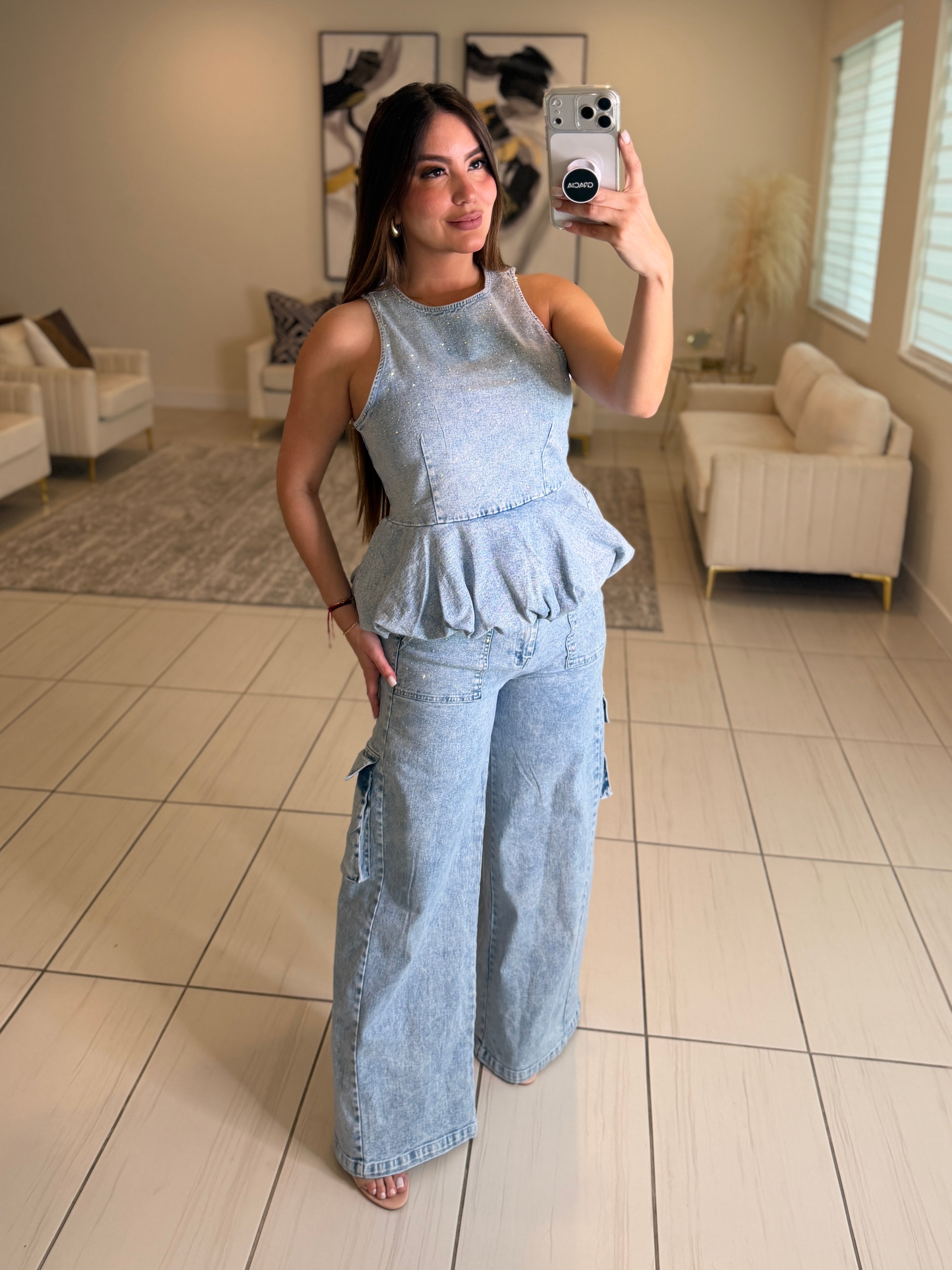Rhinestones Muse Denim Pants Set