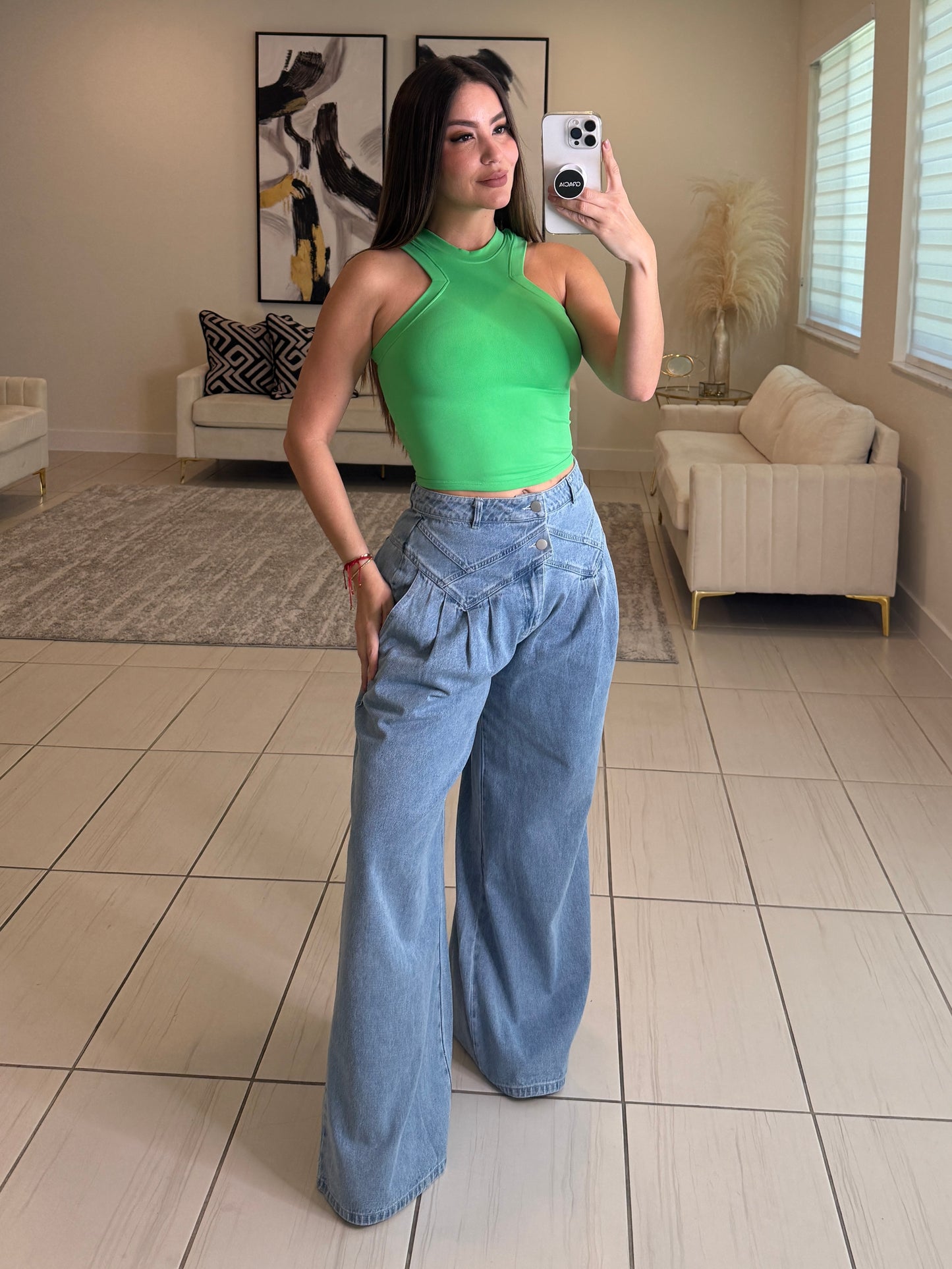 Pintuck Wide Leg Denim Pants