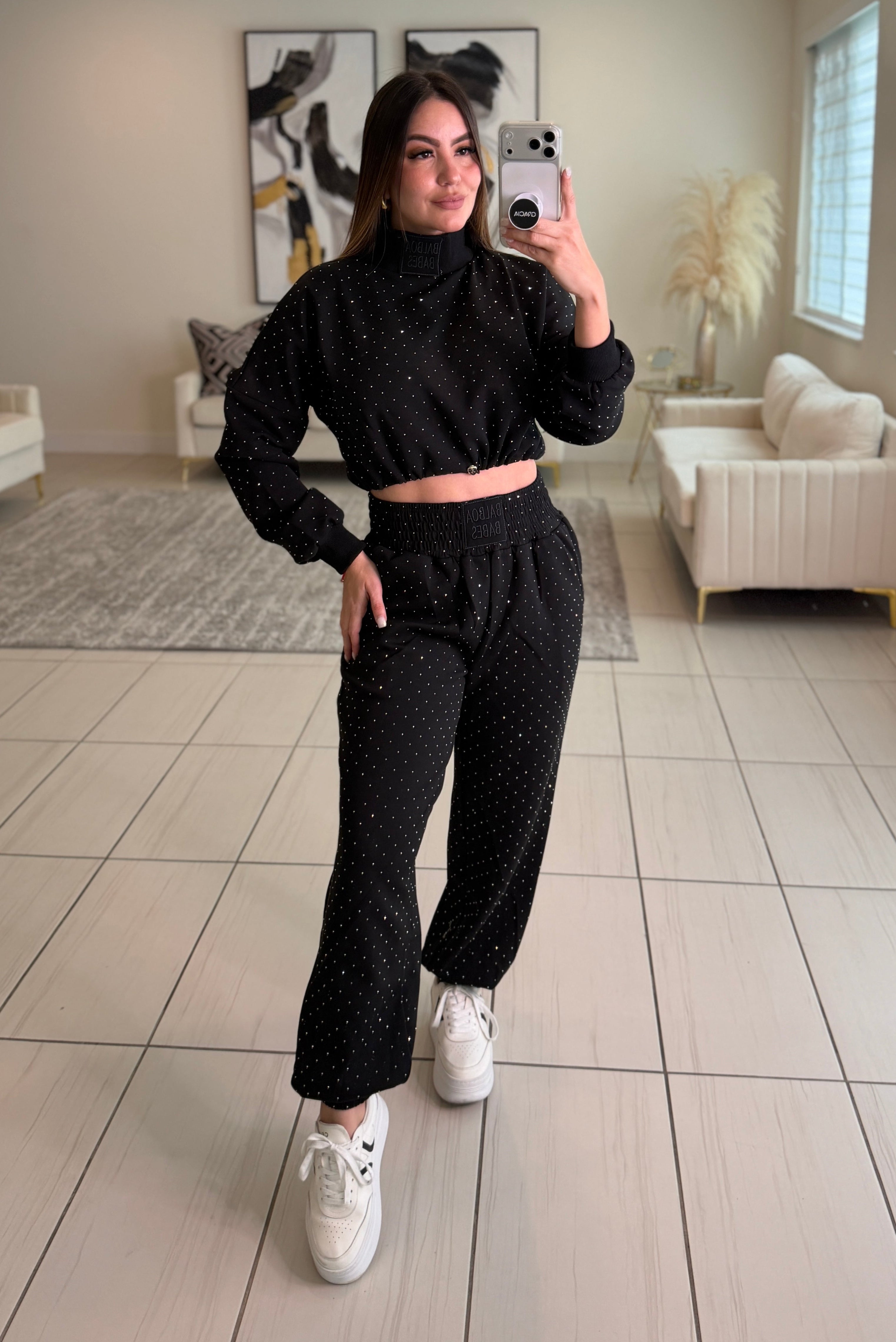 Midnight Rhinestone Black Pants Set