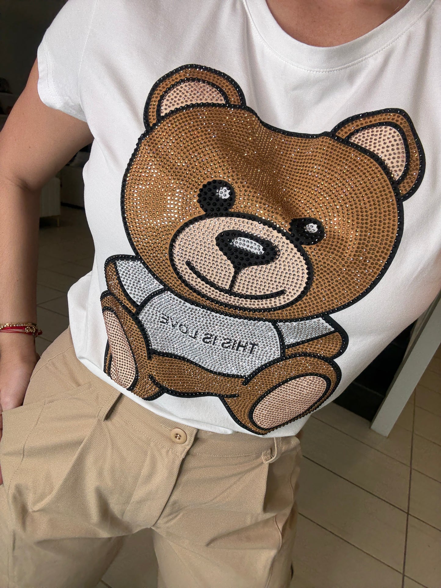 Cutest Rhinestones Bear White Top