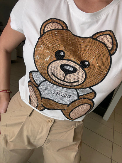 Cutest Rhinestones Bear White Top