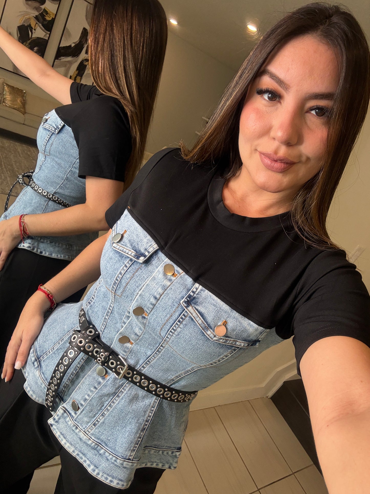 Draped Contrast Black and Denim Top