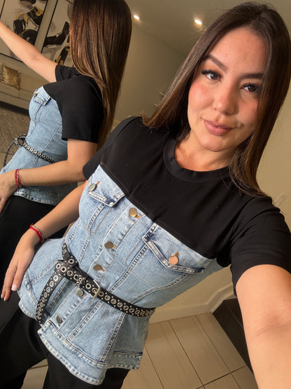 Draped Contrast Black and Denim Top