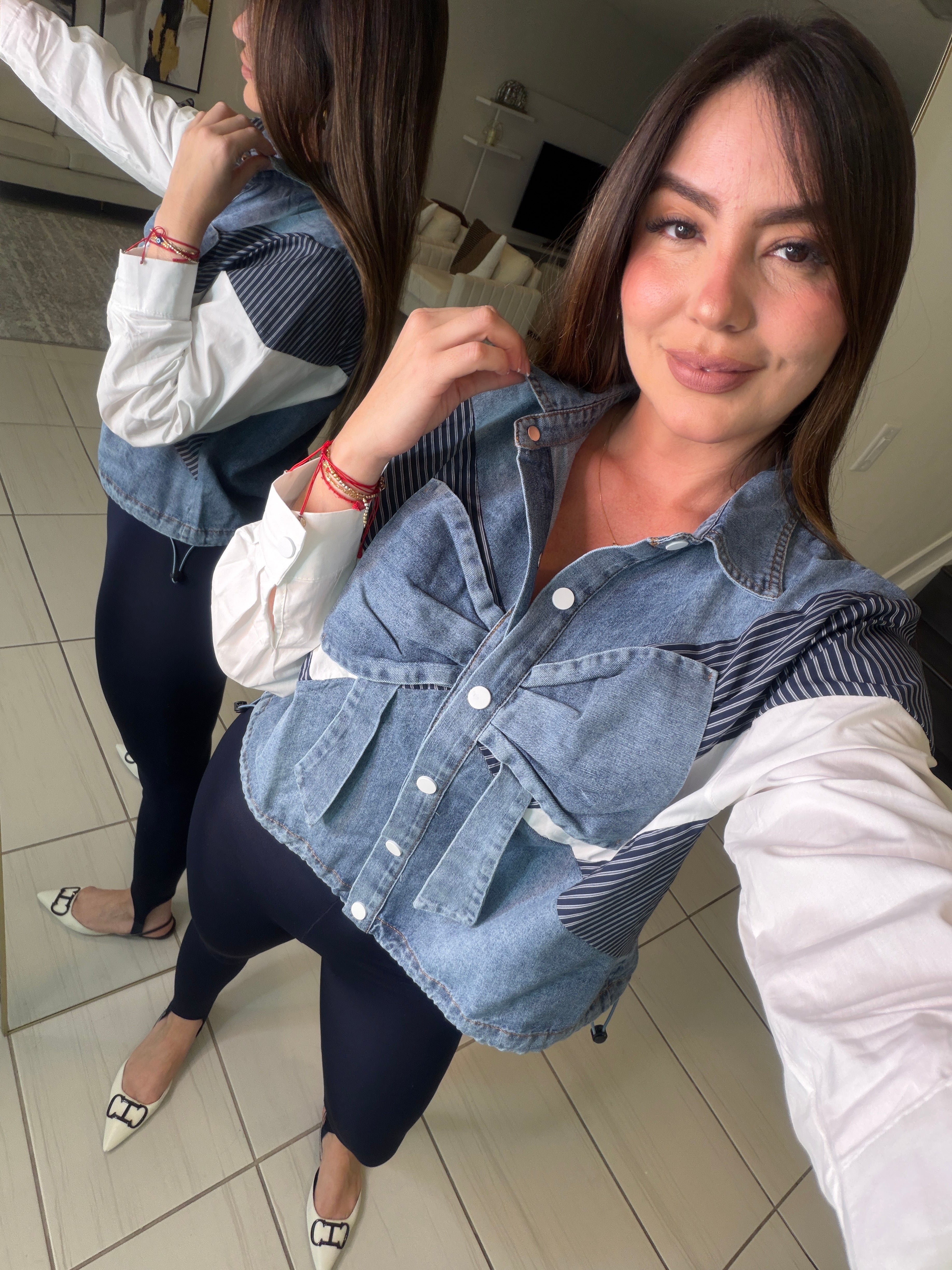 Bow Contrast White and Denim Shirt