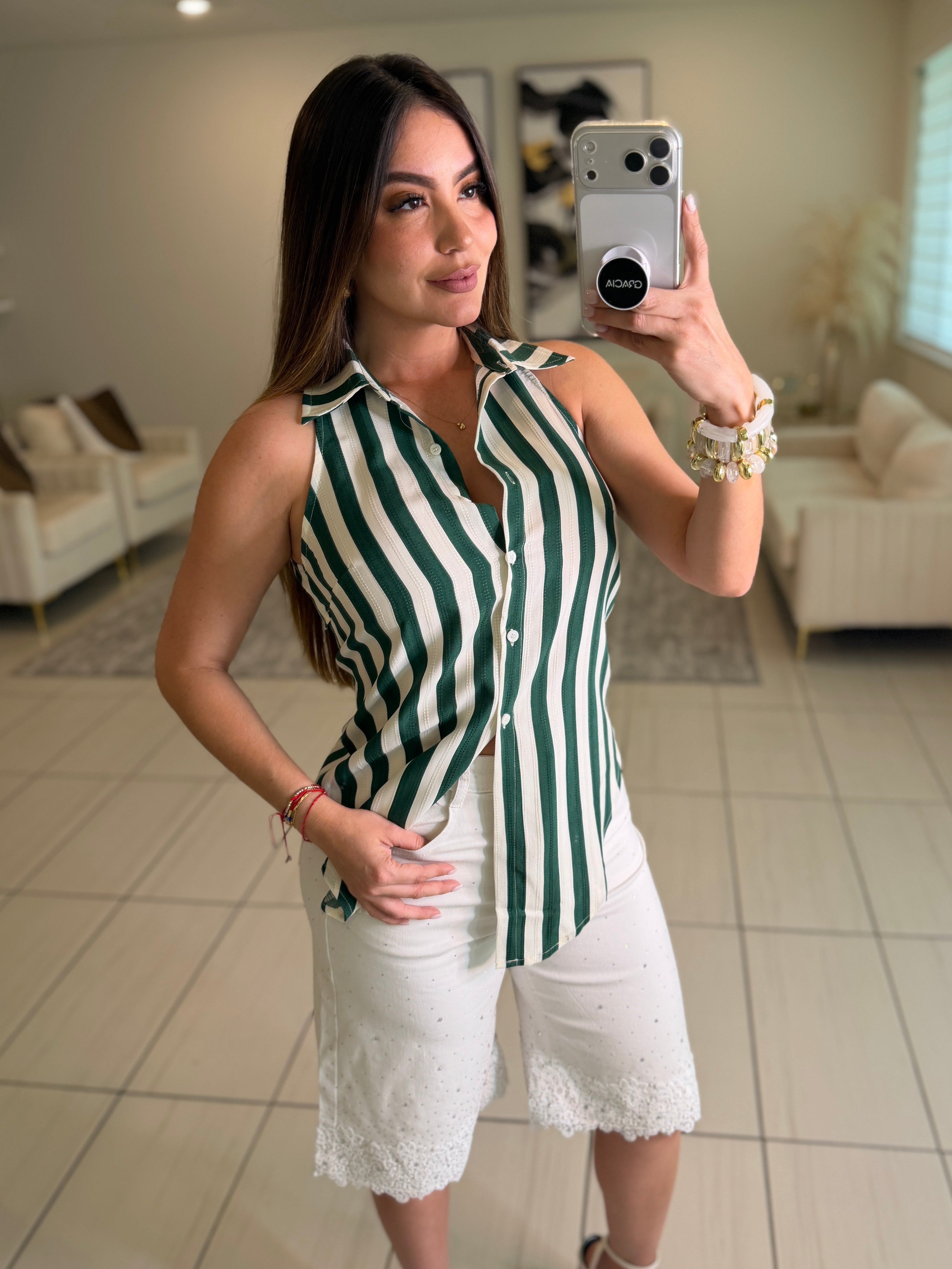 First Class Striped Green and White Top
